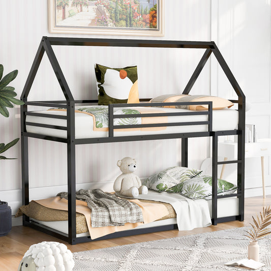 TREATLIFE HOME Twin Over Twin House Bunk Bed with Built-in Ladder, Space-Saving Design, Black
