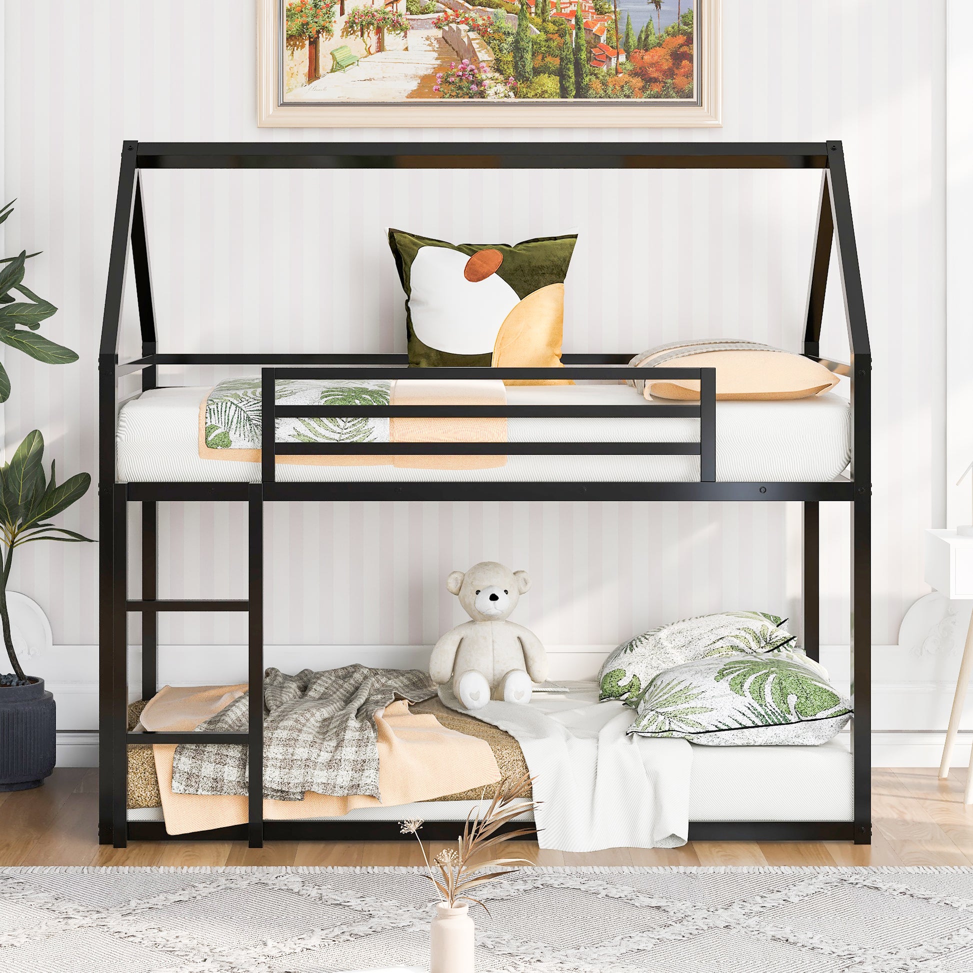 Black metal twin over twin bunk bed with house frame