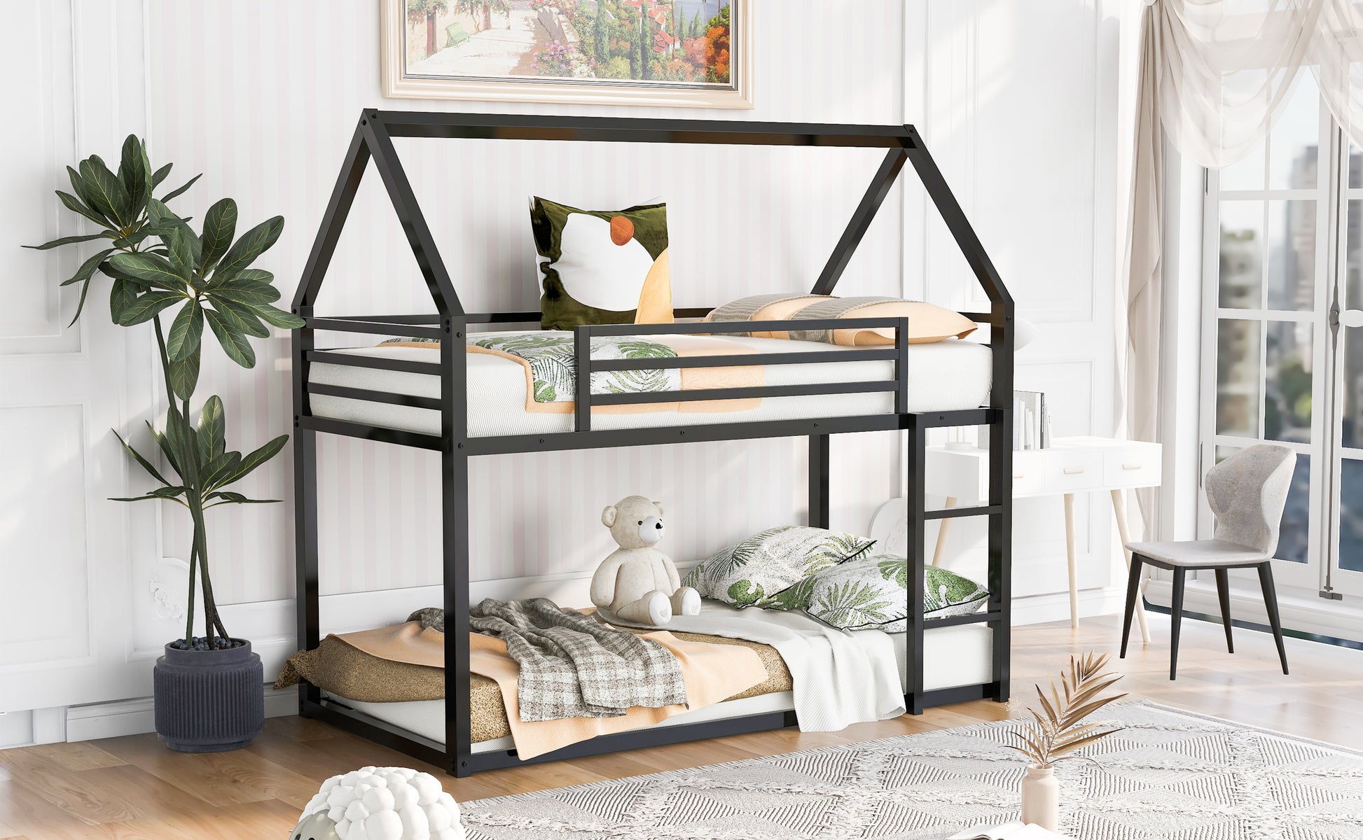 Black metal house frame bunk bed with twin mattresses and decorative pillows