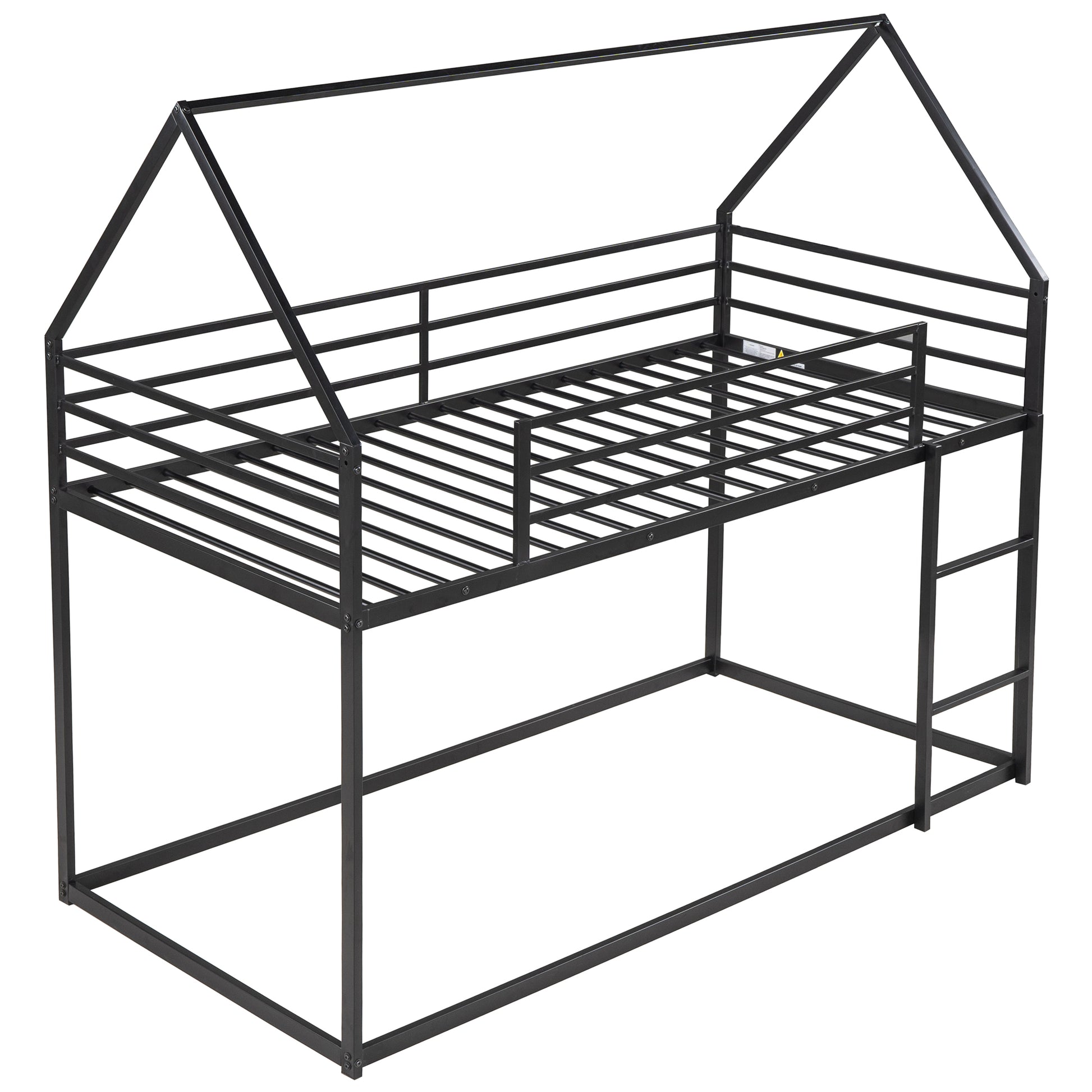 Black metal twin bunk bed frame with houseshaped top safety rails and ladder