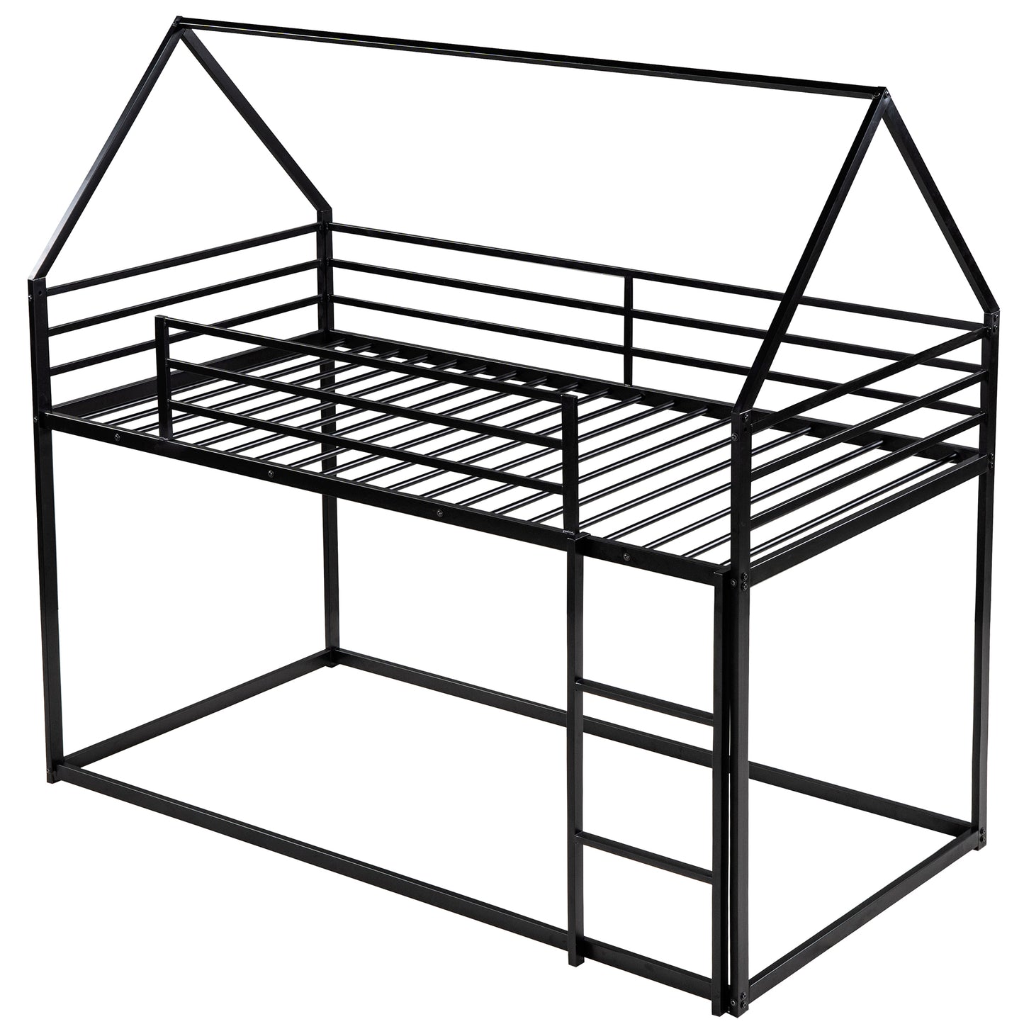 Black metal twin loft bed with house frame design and ladder
