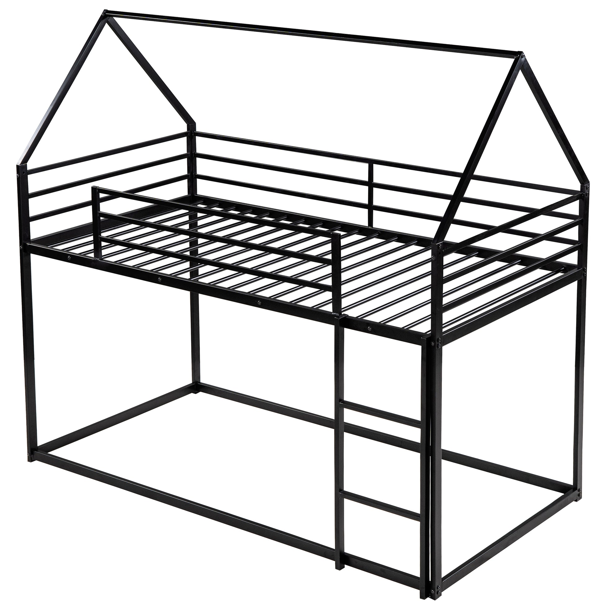 Black metal twin loft bed with house frame design and ladder