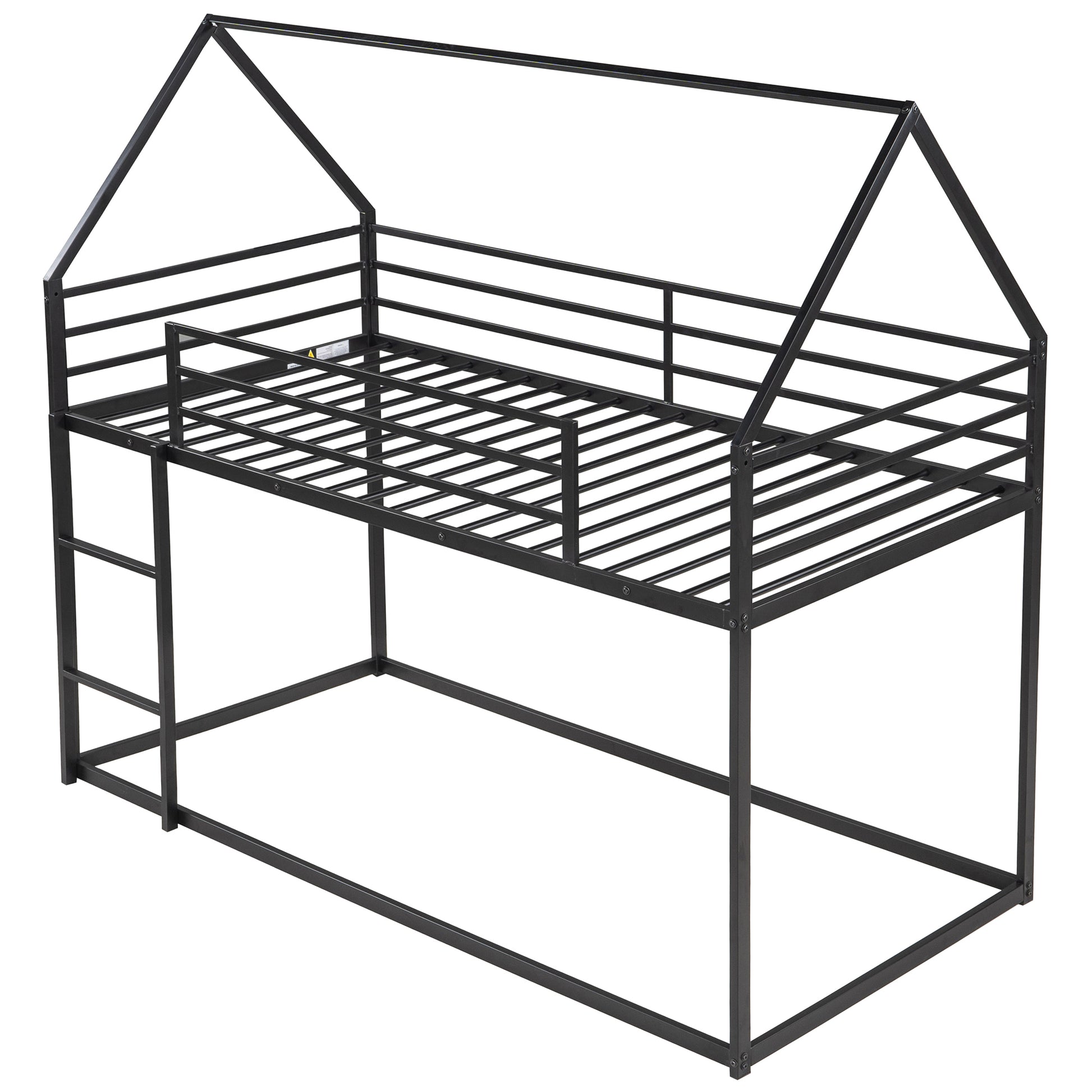Black metal twin house bed frame with ladder and guardrail
