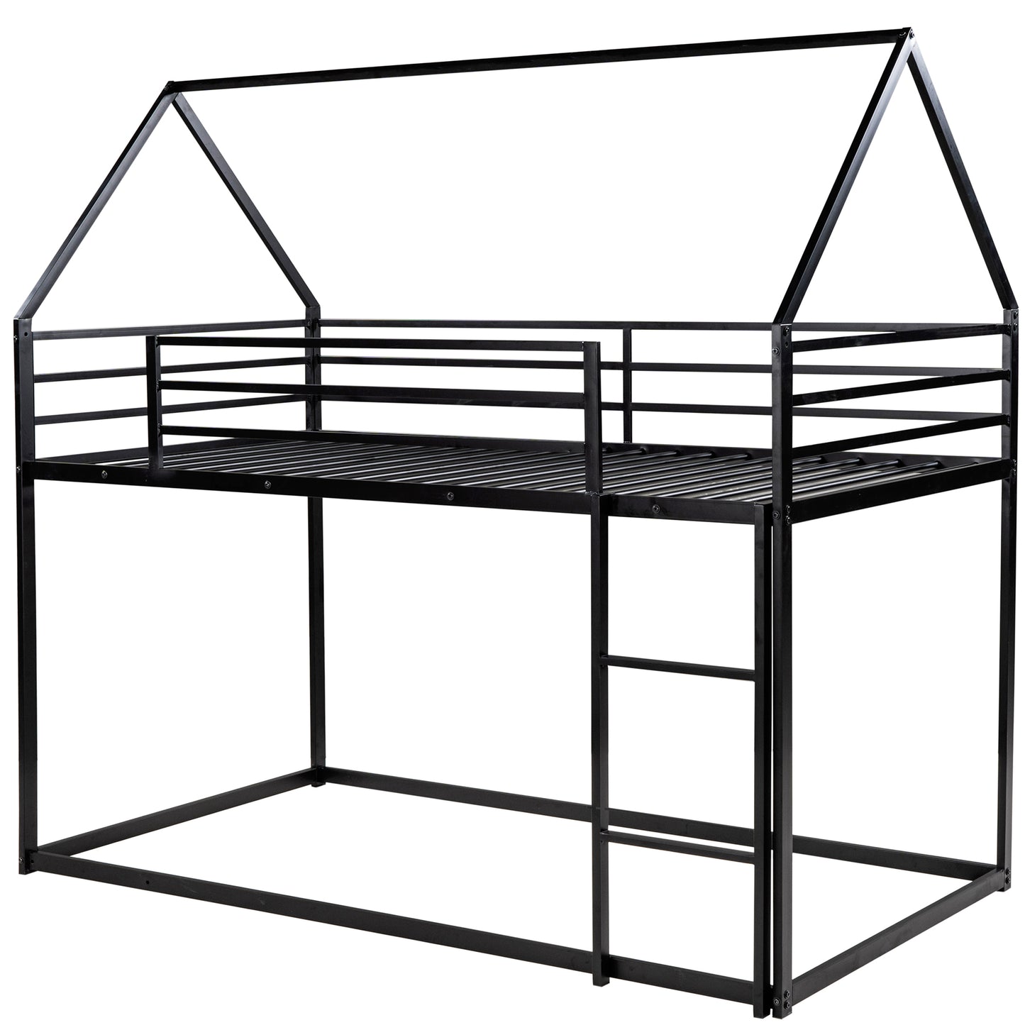 Black metal twin house bed frame with ladder and safety rails
