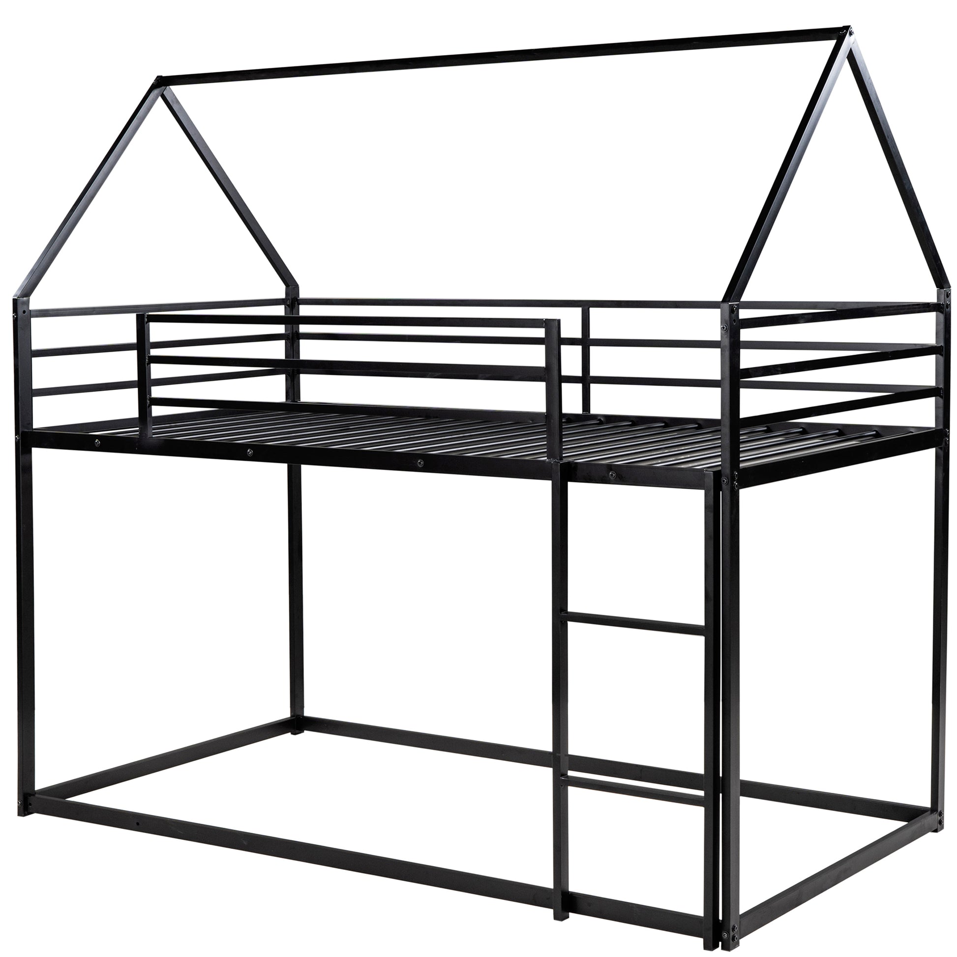 Black metal twin house bed frame with ladder and safety rails