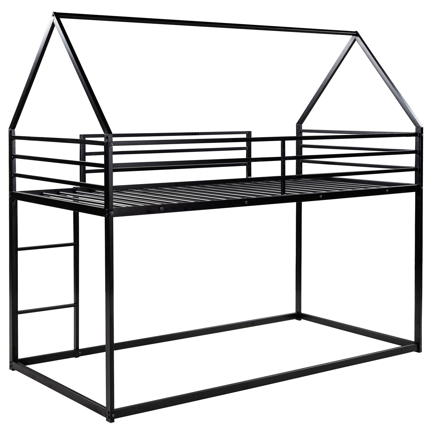 Black metal house bed frame with ladder and safety rails