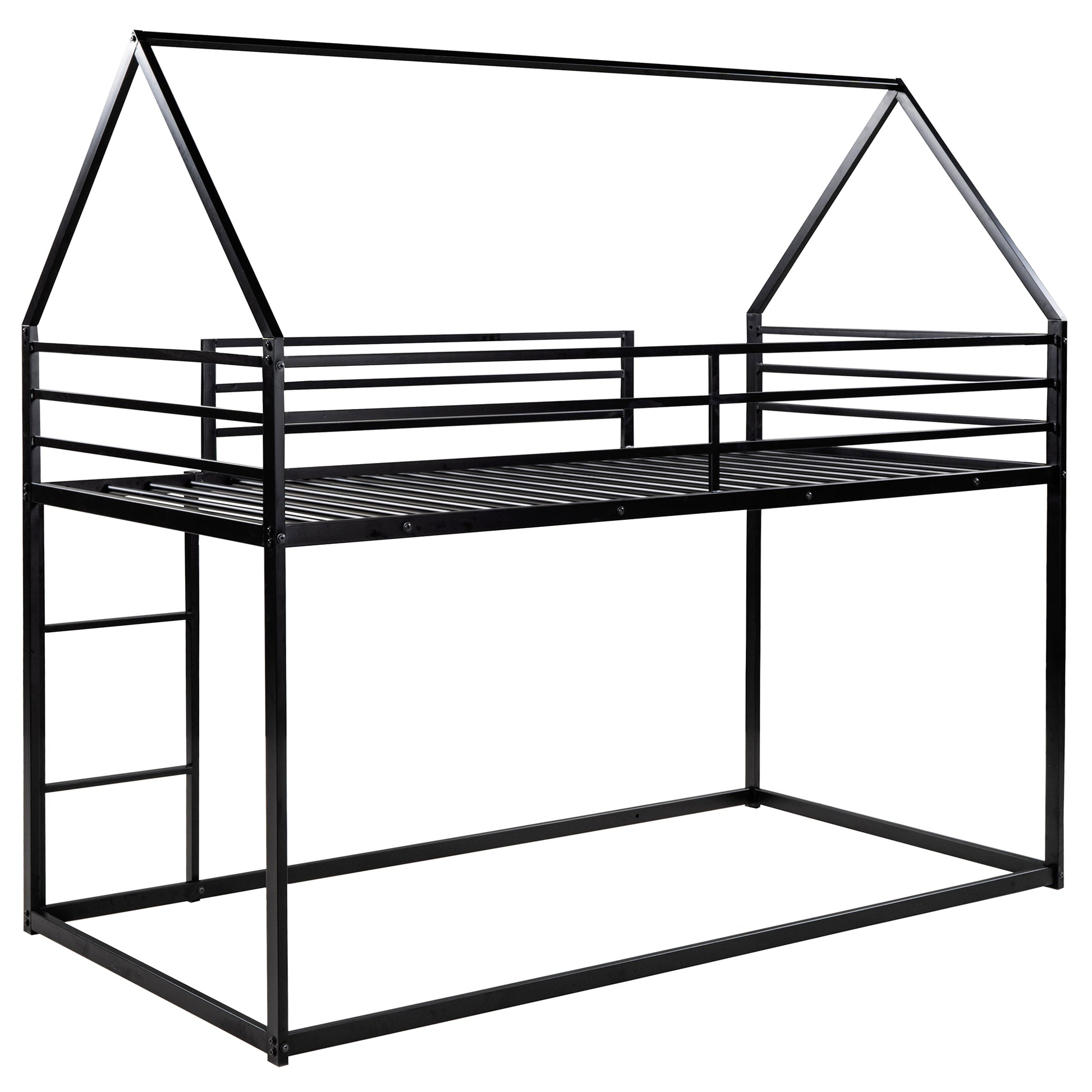 Black metal house bed frame with ladder and safety rails