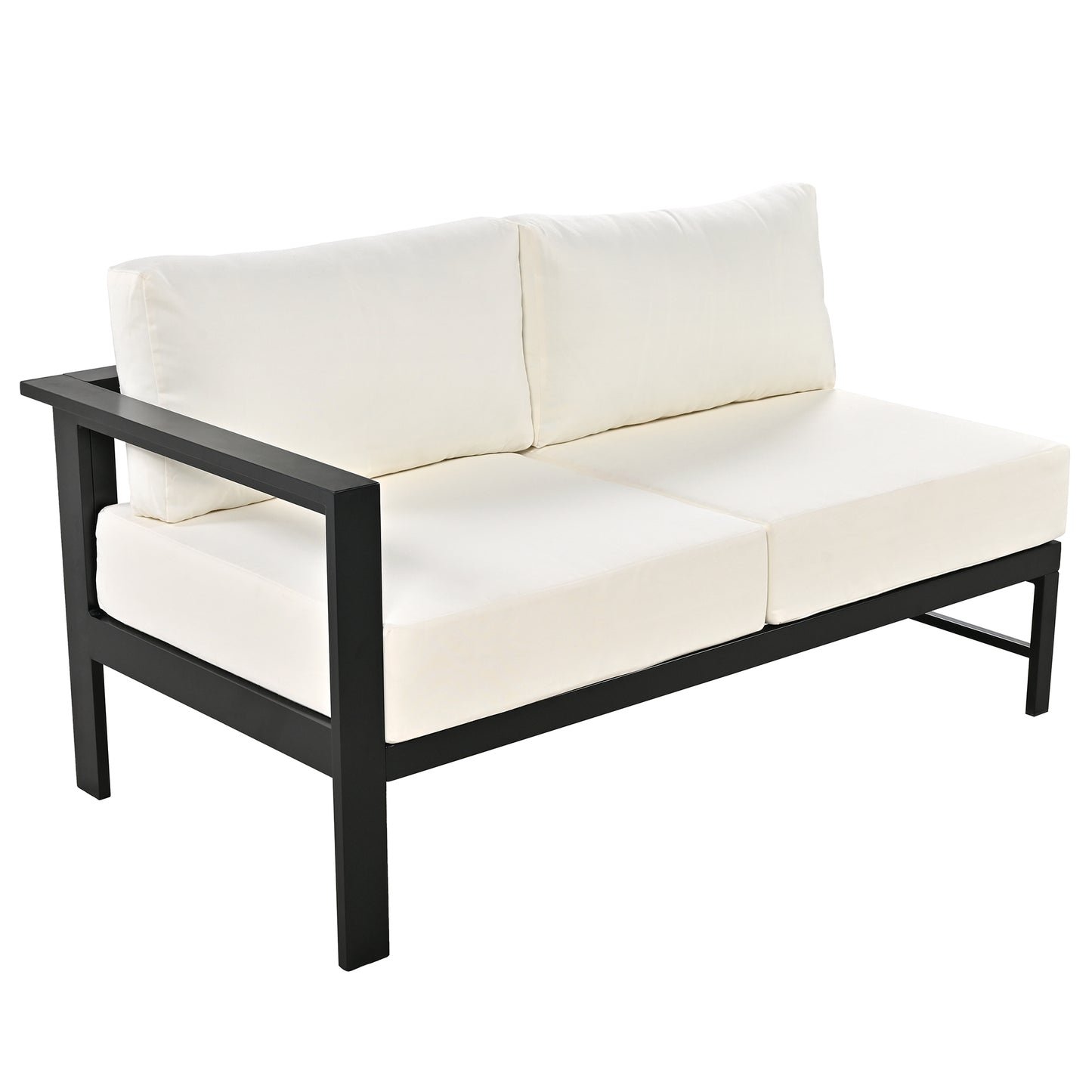 Modern outdoor loveseat with cream cushions and black metal frame for patio seating