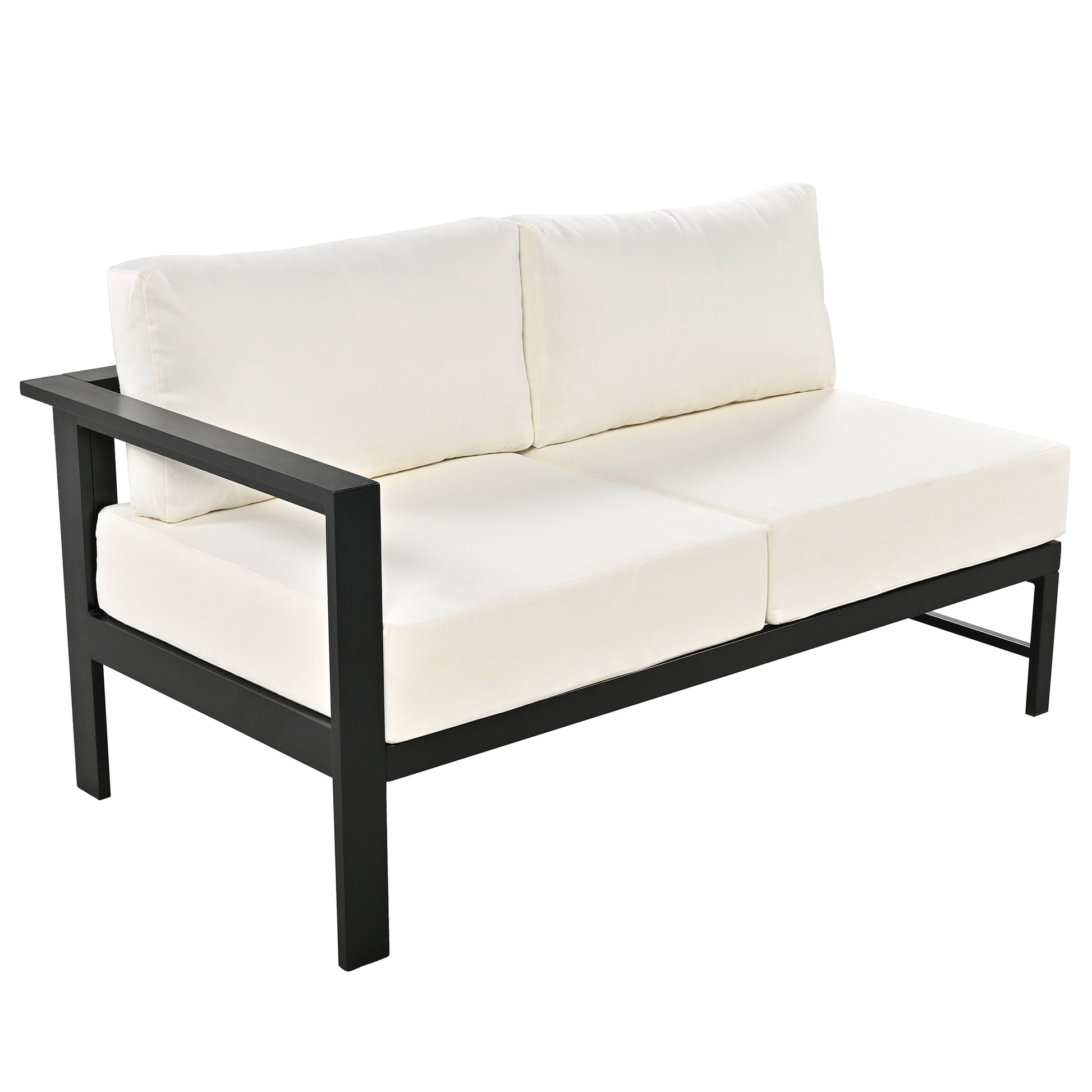 Modern outdoor loveseat with cream cushions and black metal frame for patio seating