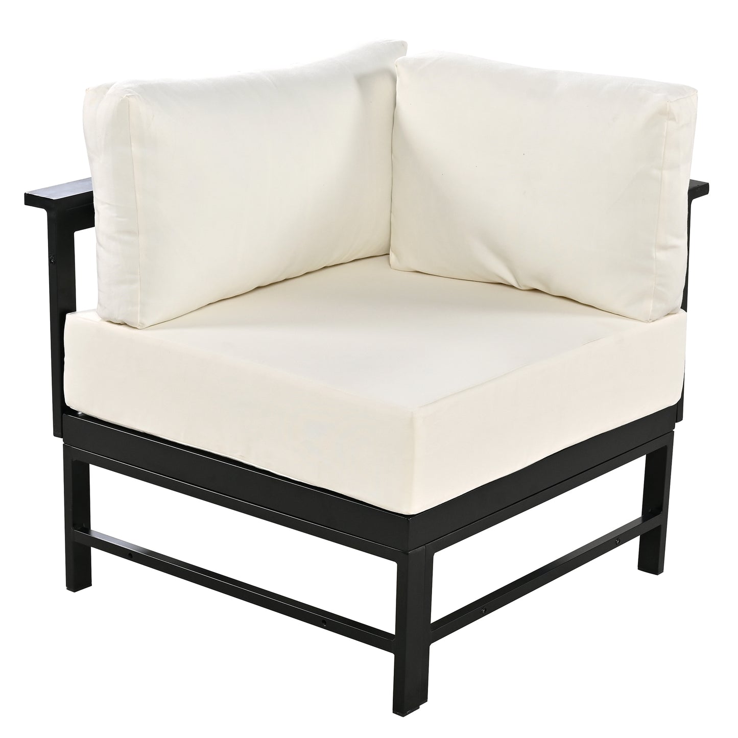 Black metal frame corner chair with cream cushions for outdoor seating