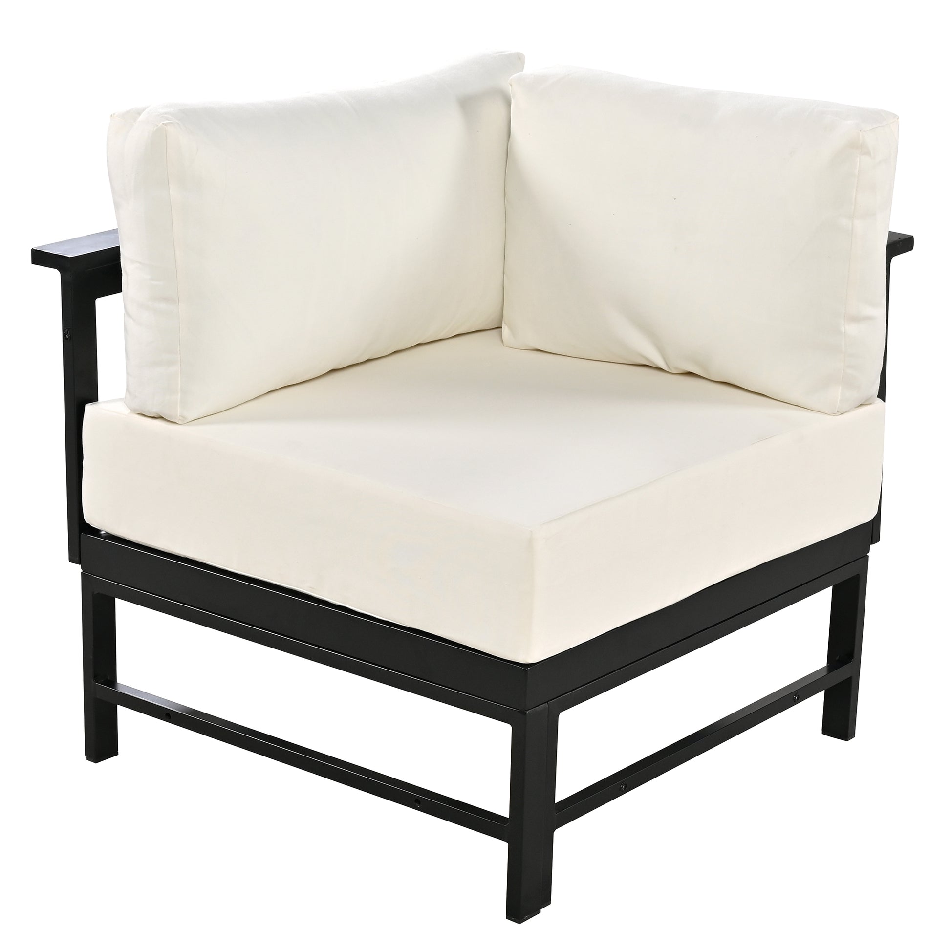 Black metal frame corner chair with cream cushions for outdoor seating