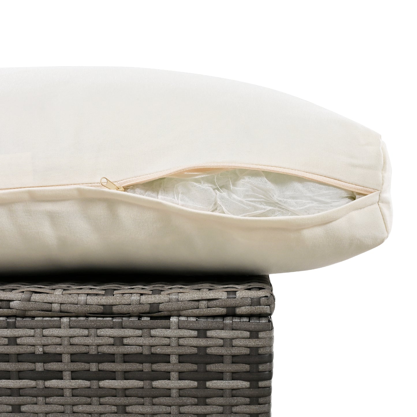 Cream linen cushion with a partially unzipped closure showing white filling