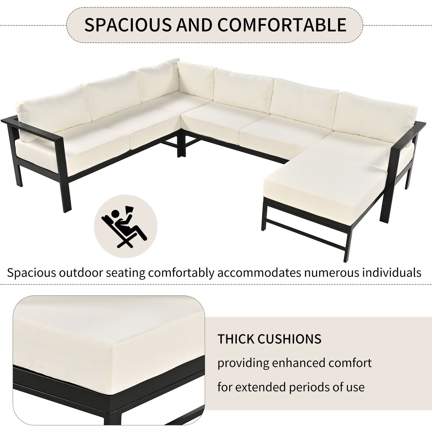 Black metal frame sectional patio sofa with thick cream cushions for outdoor relaxation