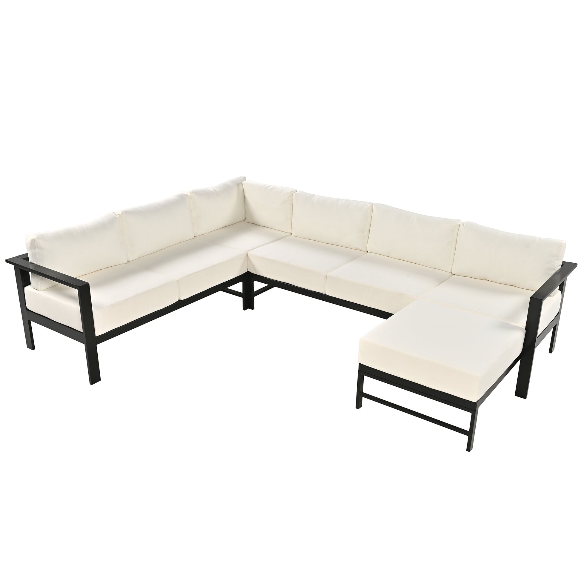 Modern Ushaped outdoor sectional sofa with cream cushions and black metal frame perfect for patios