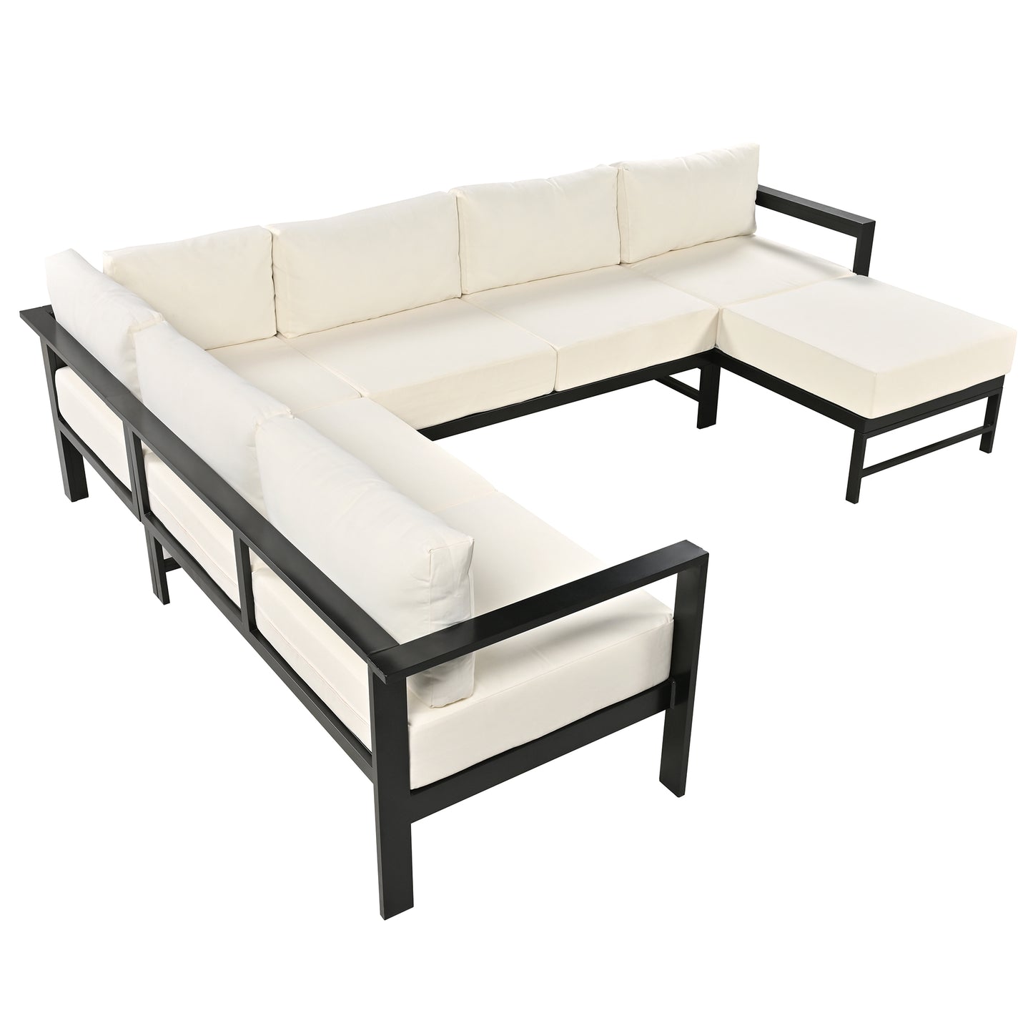 Modern sectional outdoor sofa with cream cushions and black metal frame