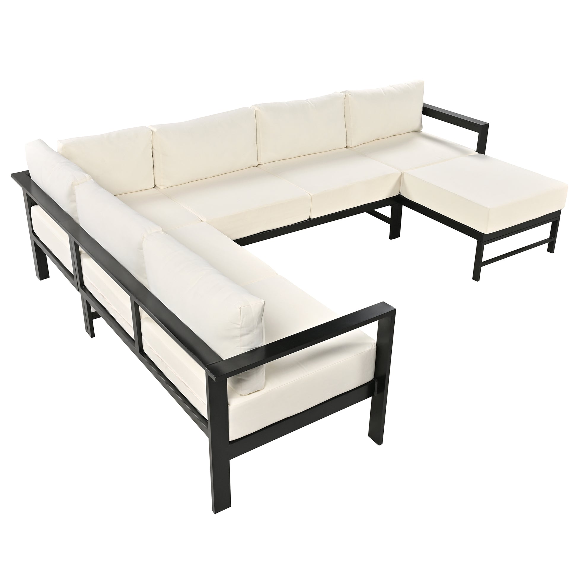 Modern sectional outdoor sofa with cream cushions and black metal frame