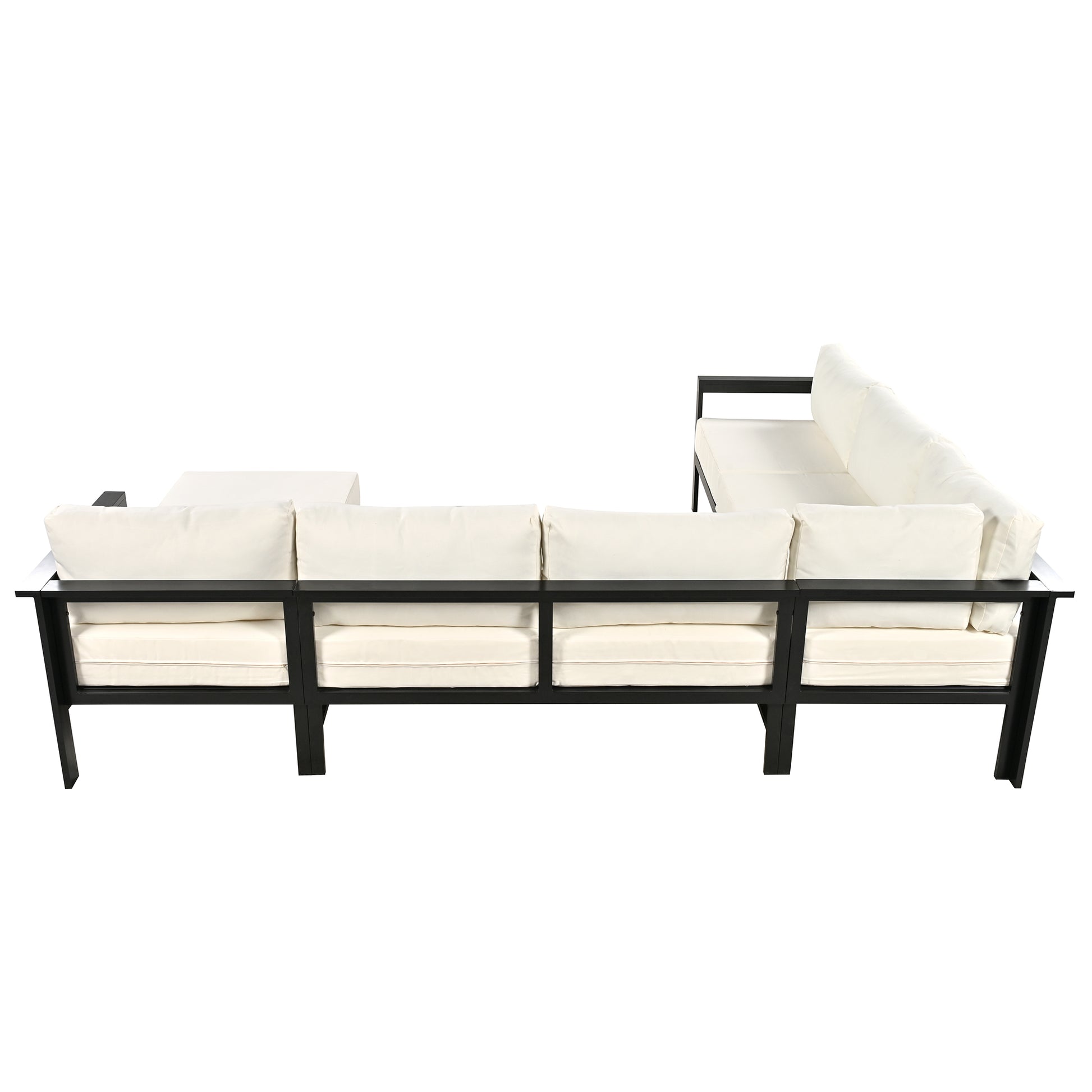 Modern outdoor sectional sofa with black metal frame and cream cushions for spacious patio seating