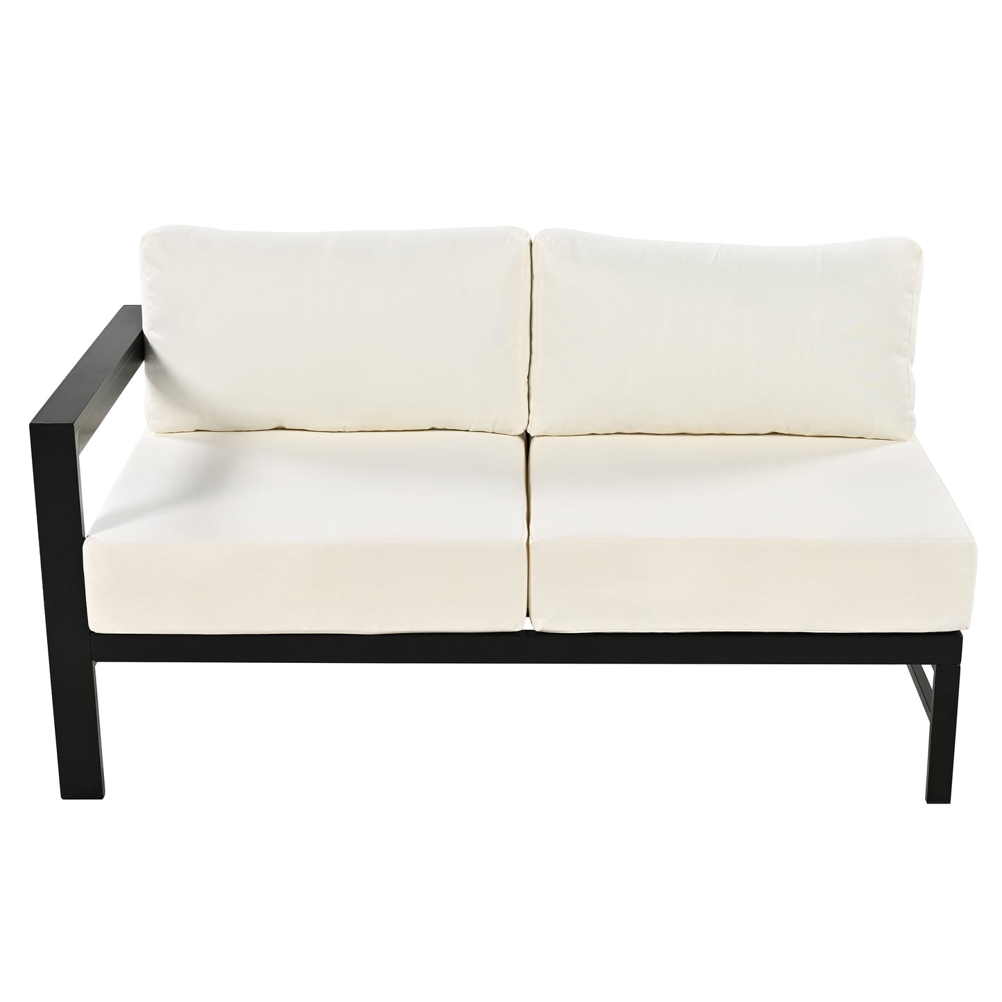 Modern outdoor loveseat with black metal frame and cream cushions