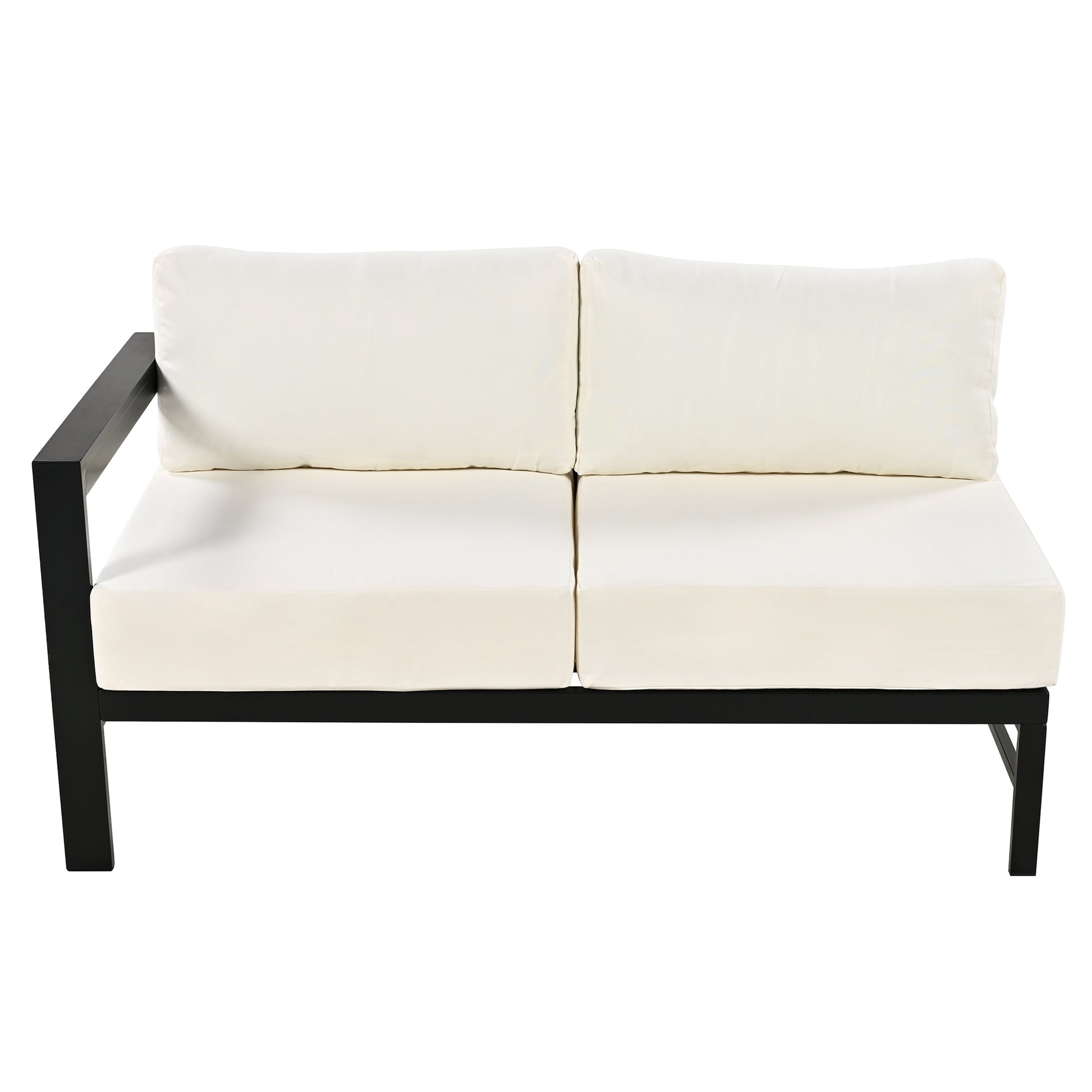 Modern outdoor loveseat with black metal frame and cream cushions