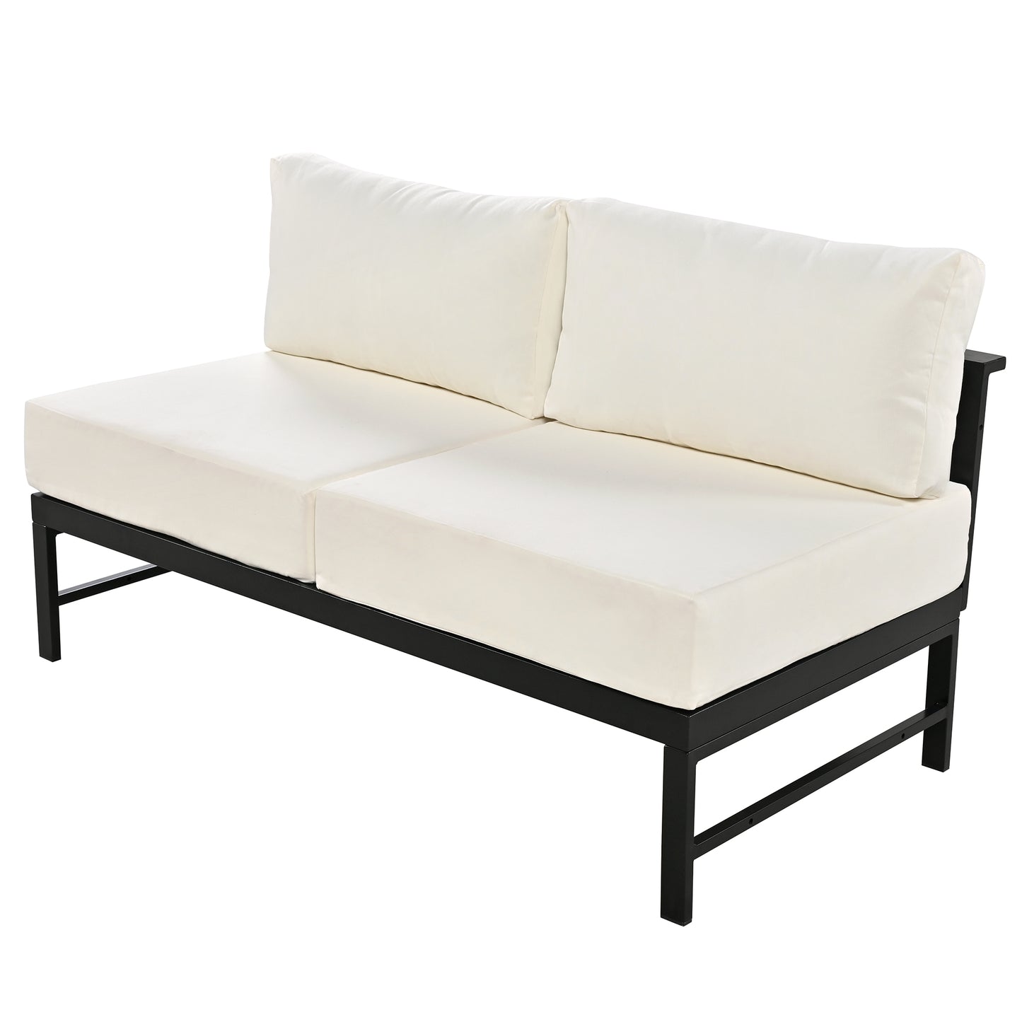 Black metal frame outdoor loveseat with cream cushions perfect for patios