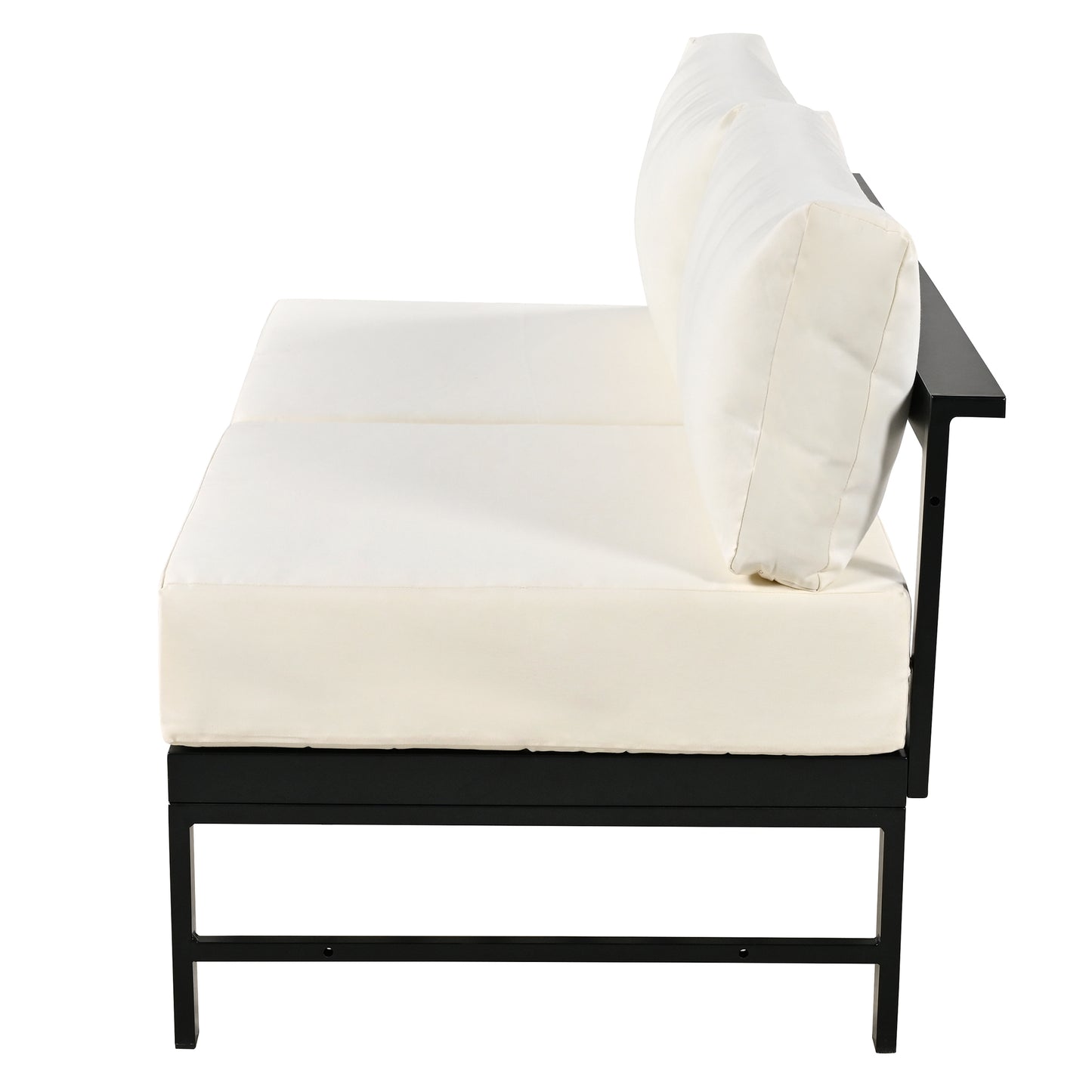 Modern black metal outdoor sectional with cream cushions ideal for patio seating