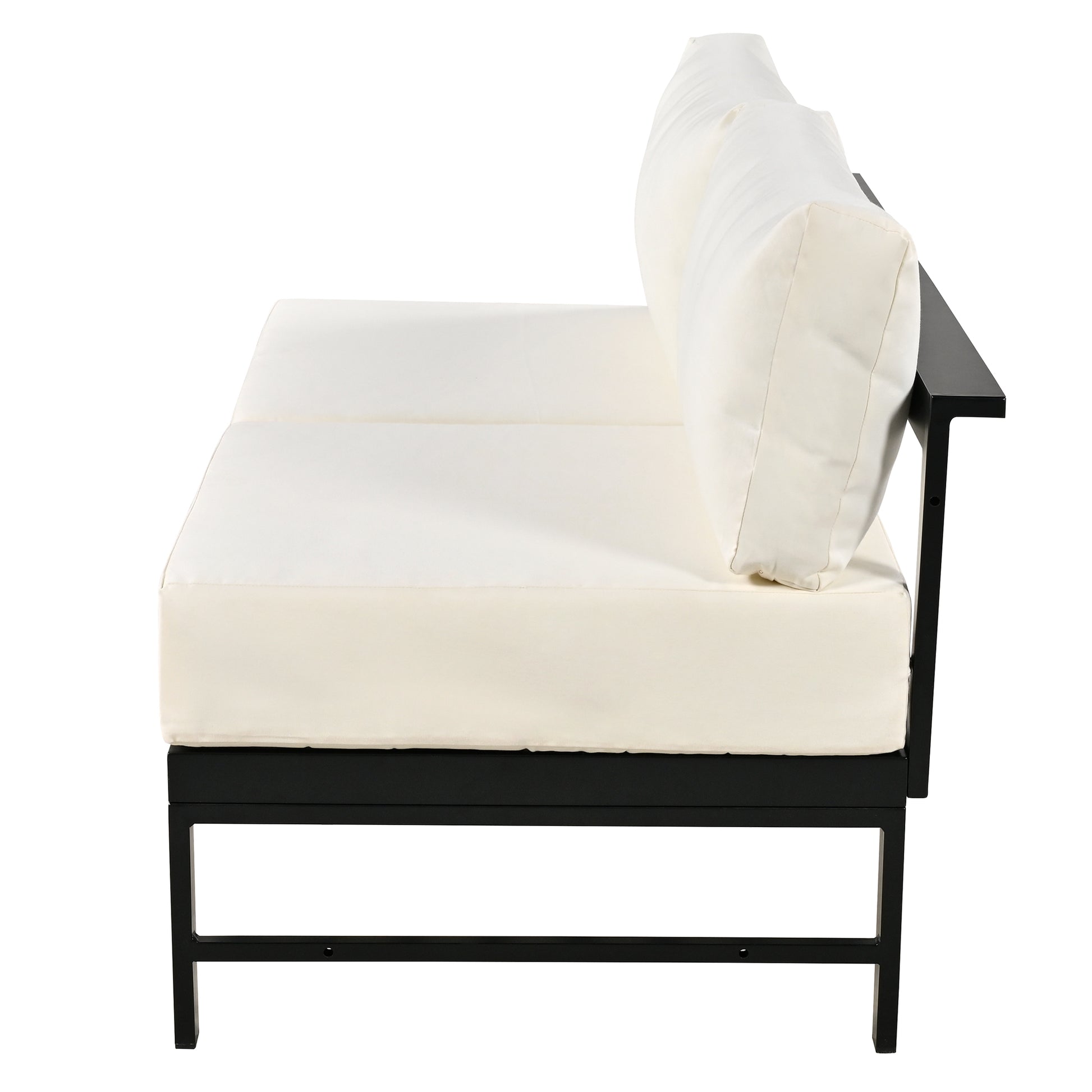 Modern black metal outdoor sectional with cream cushions ideal for patio seating