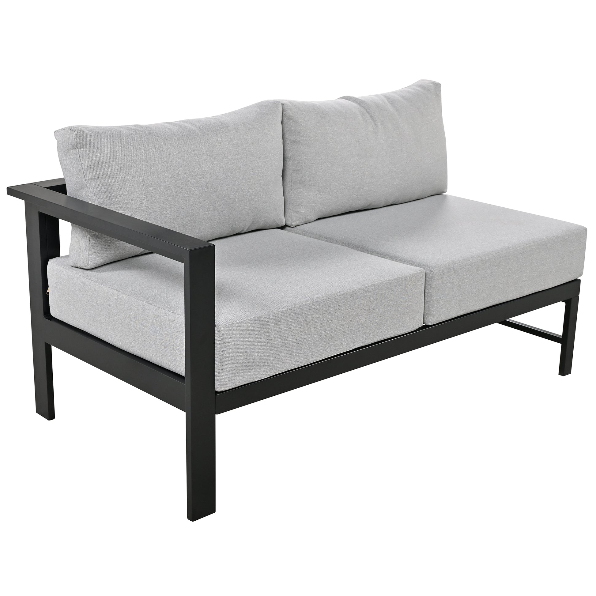 Modern grey upholstered outdoor sofa with black metal frame and armrest