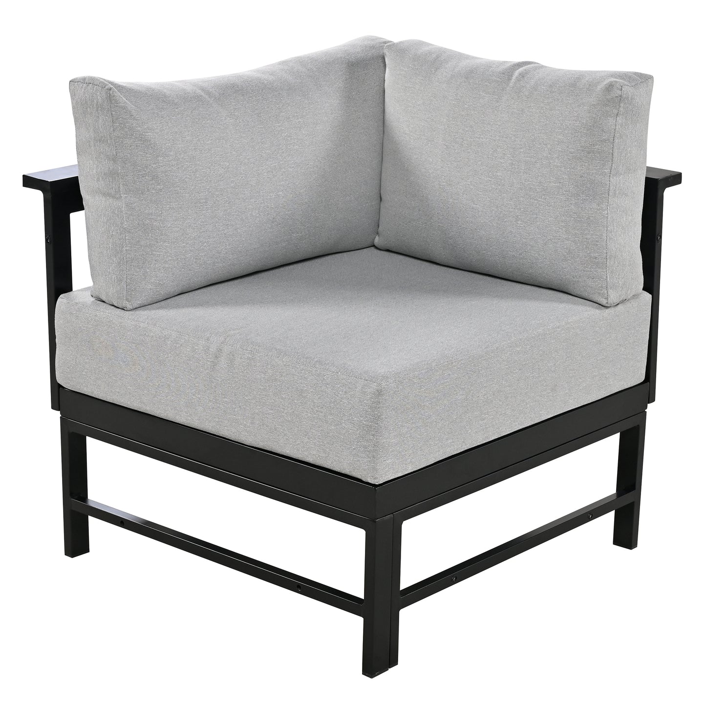 Modern grey fabric outdoor corner chair with black metal frame