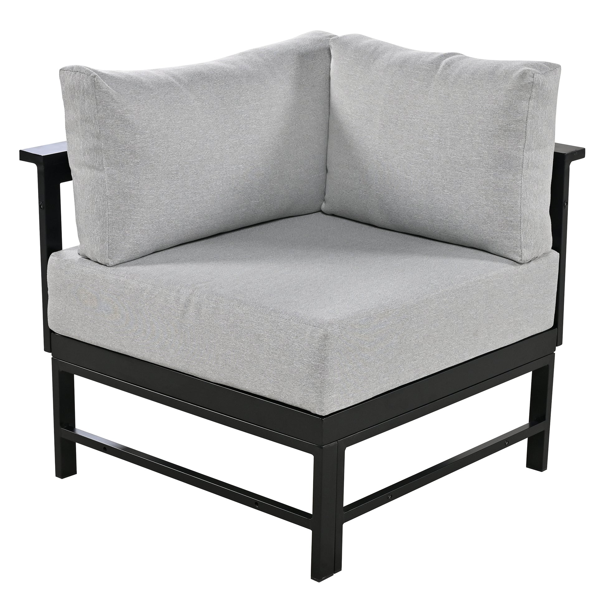 Modern grey fabric outdoor corner chair with black metal frame