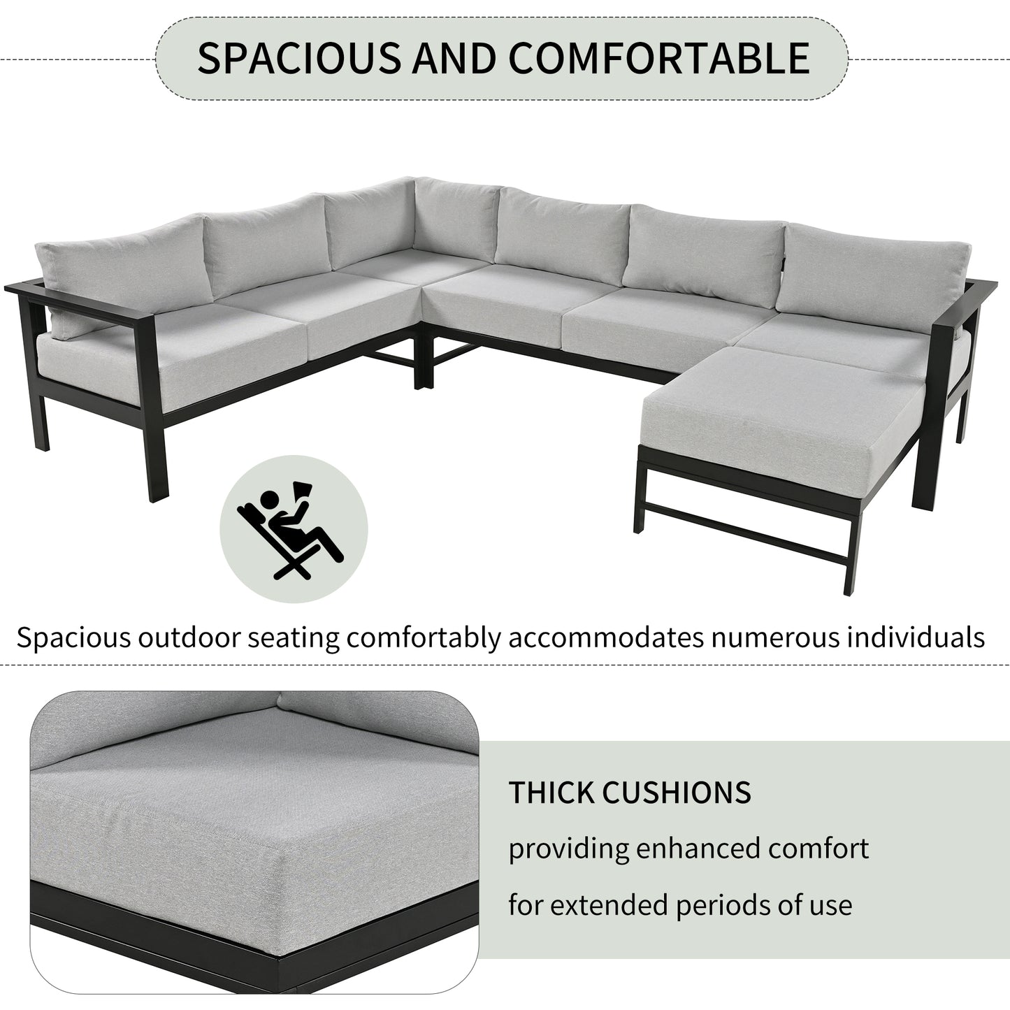 Light grey sectional outdoor sofa with thick cushions and black metal frame