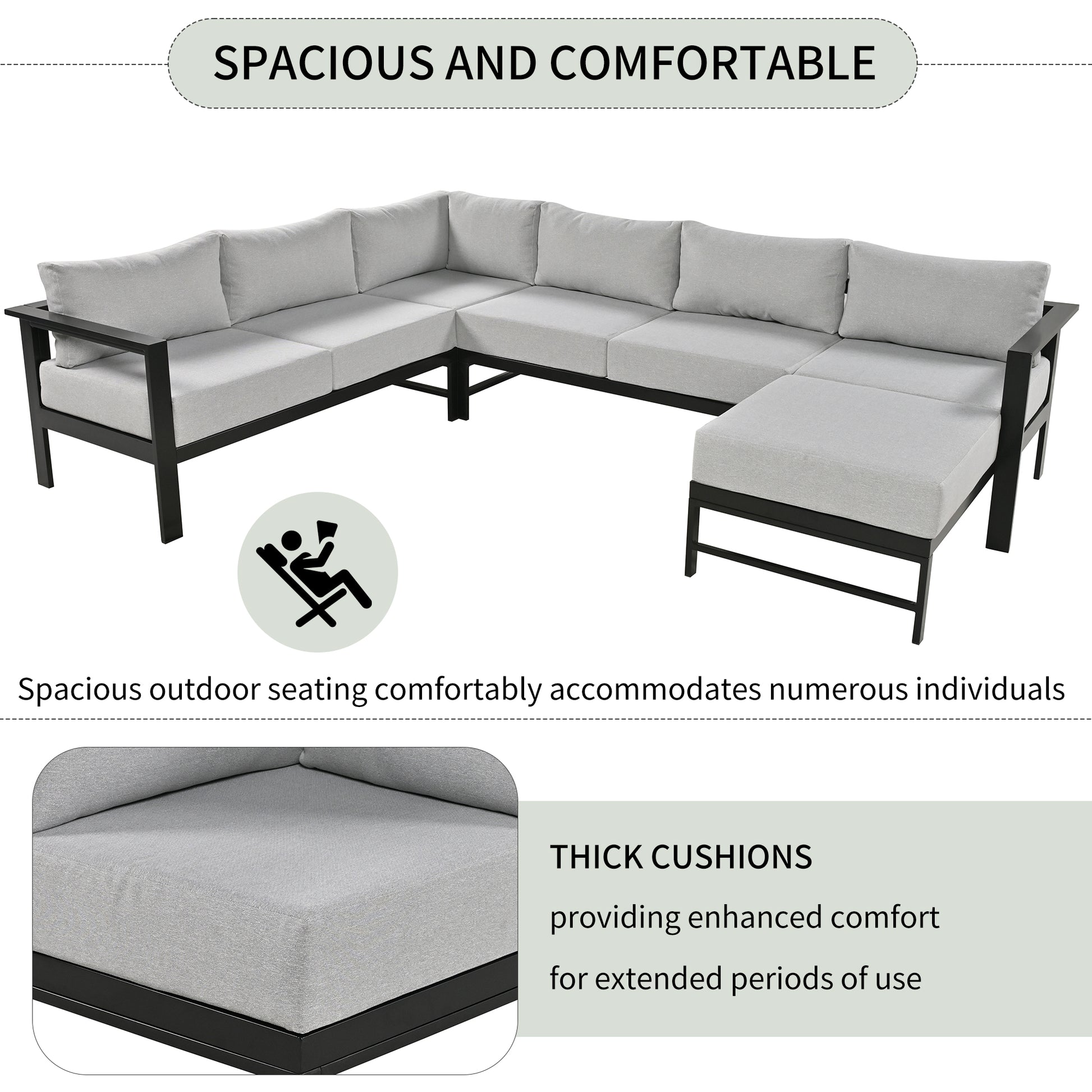 Light grey sectional outdoor sofa with thick cushions and black metal frame