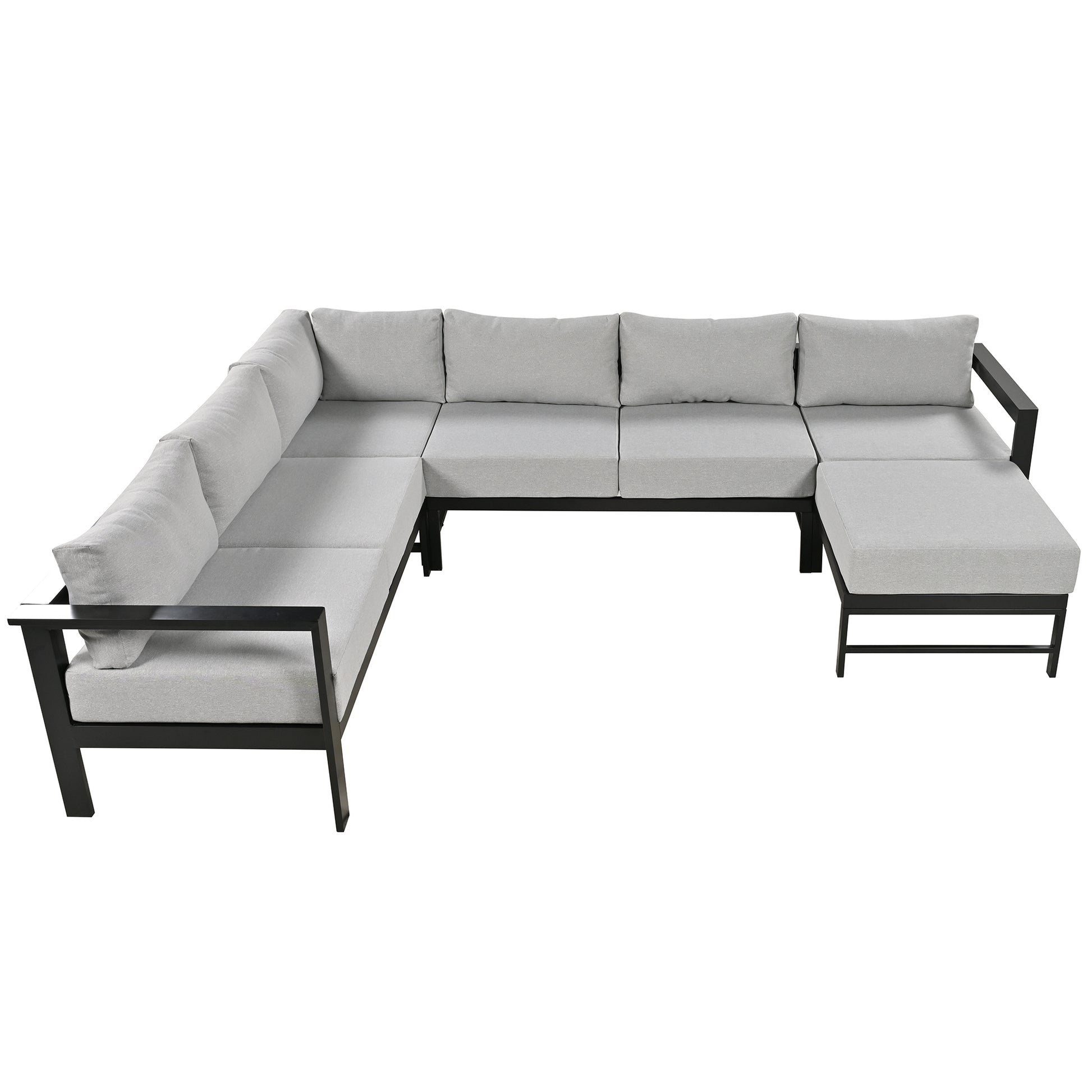 Light grey upholstered Ushaped sectional sofa with black metal frame