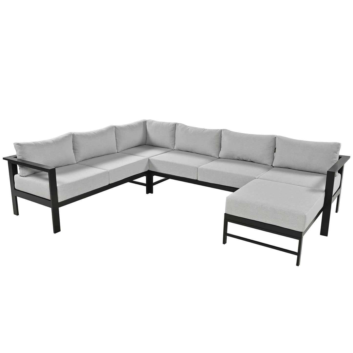 Modern grey sectional outdoor sofa with black metal frame and plush cushions