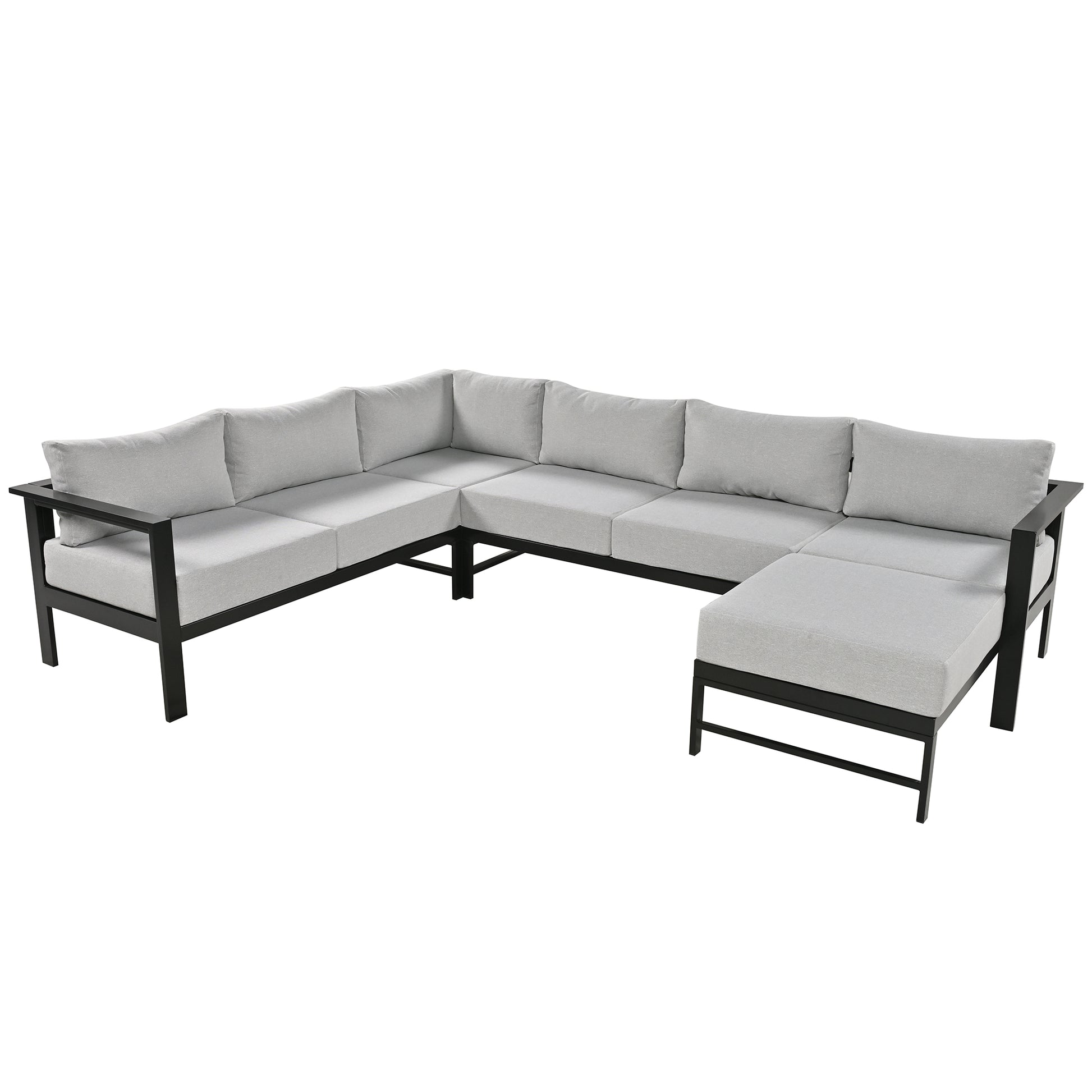 Modern grey sectional outdoor sofa with black metal frame and plush cushions