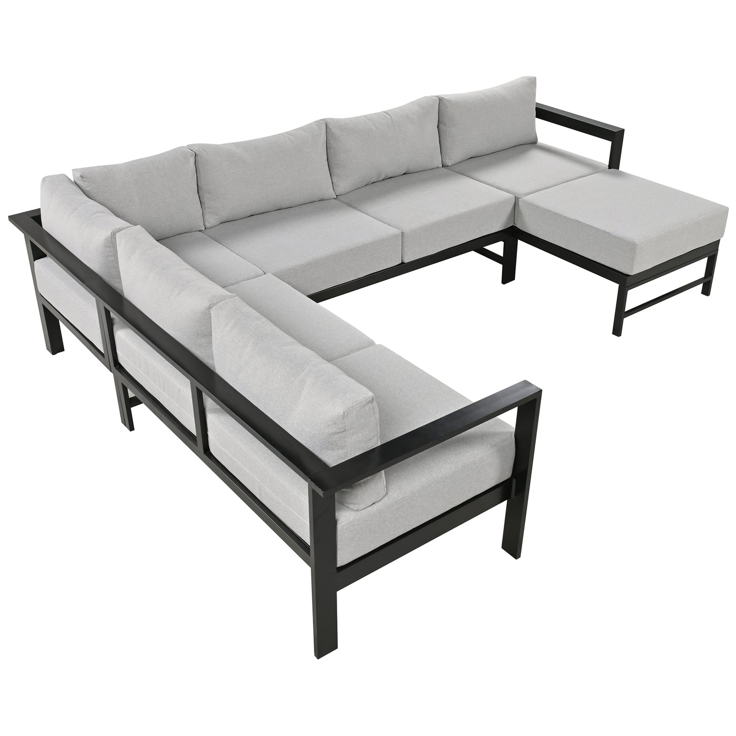 Modern grey sectional outdoor sofa with black metal frame and plush cushions