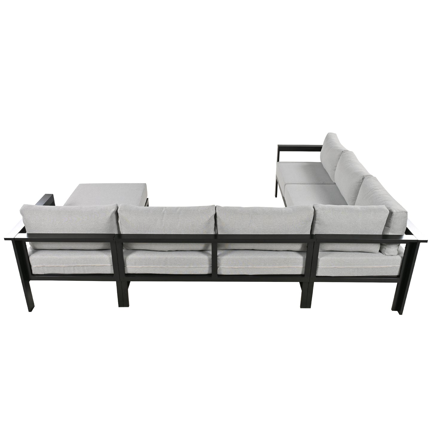 Light gray modular outdoor sectional sofa with black metal frame and durable cushions