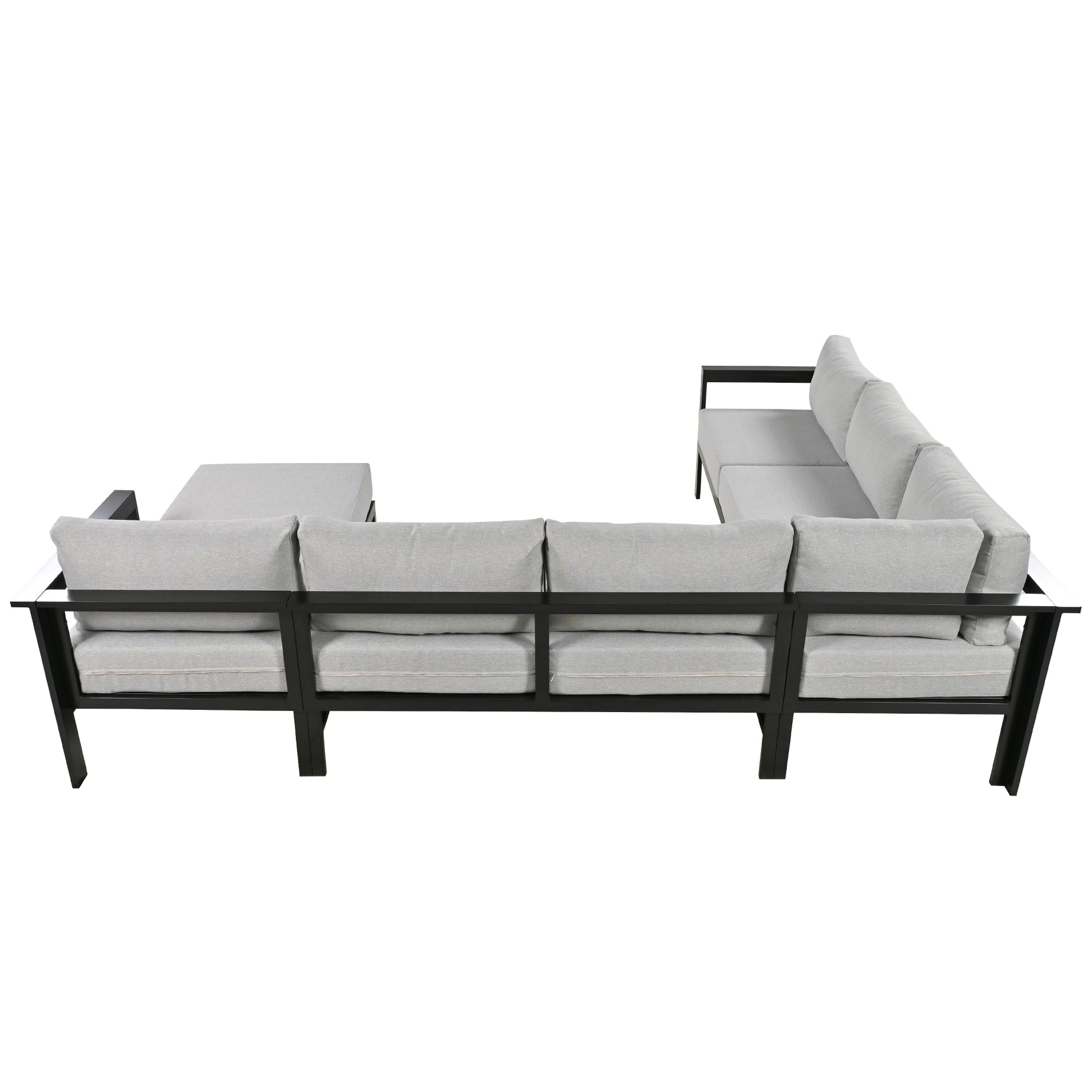 Light gray modular outdoor sectional sofa with black metal frame and durable cushions