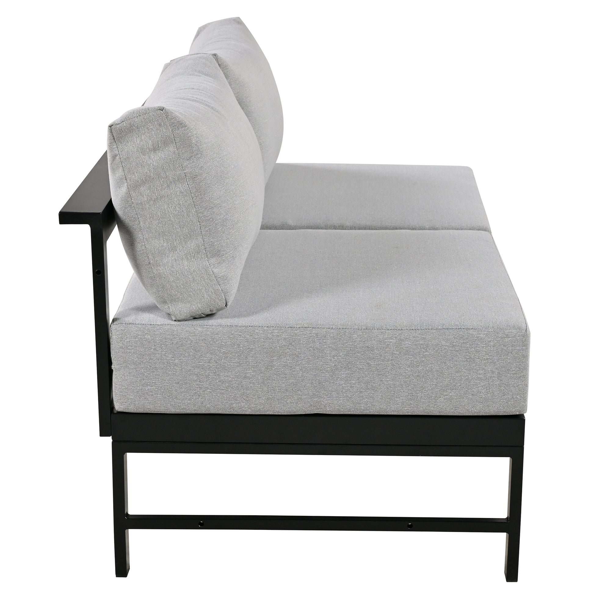 Modern grey outdoor loveseat with black metal frame and plush cushions