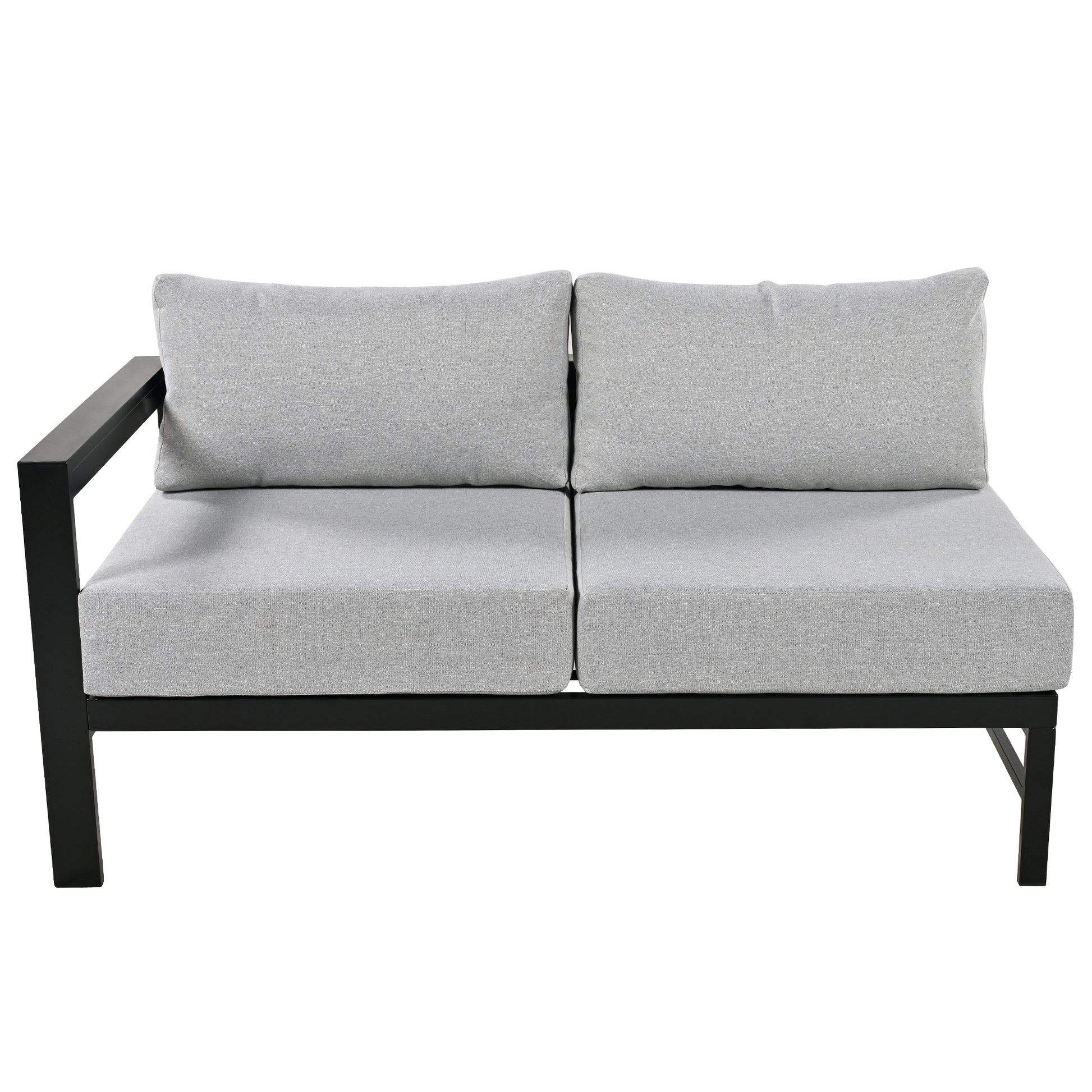 Modern grey outdoor sofa with black metal frame and plush cushions