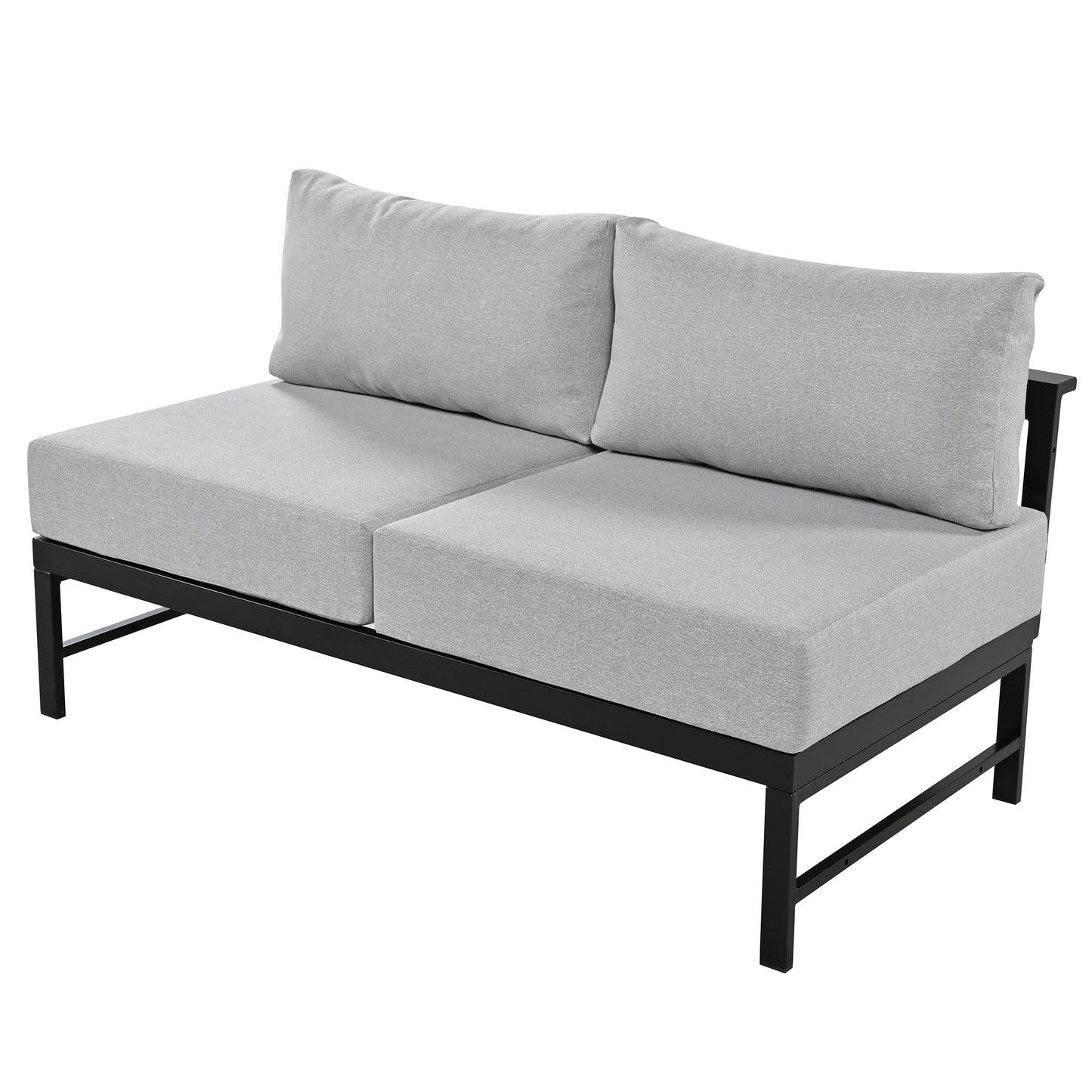 Gray upholstered outdoor loveseat with black metal frame perfect for patio seating
