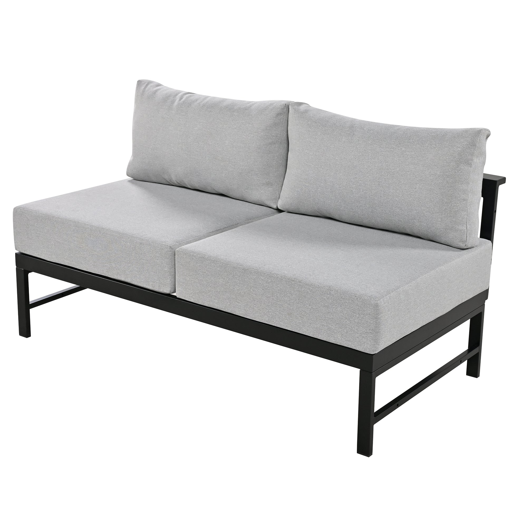 Gray upholstered outdoor loveseat with black metal frame perfect for patio seating