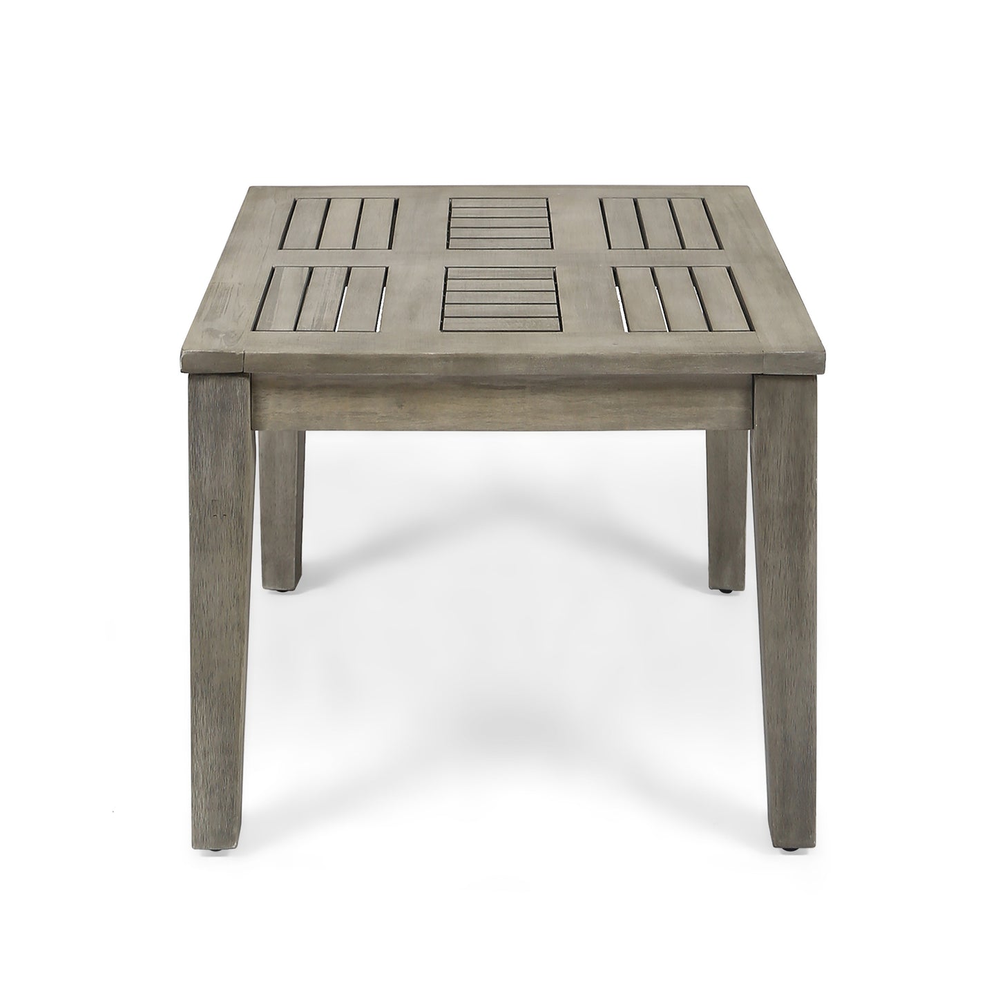 Gray slatted wood patio dining table with modern design