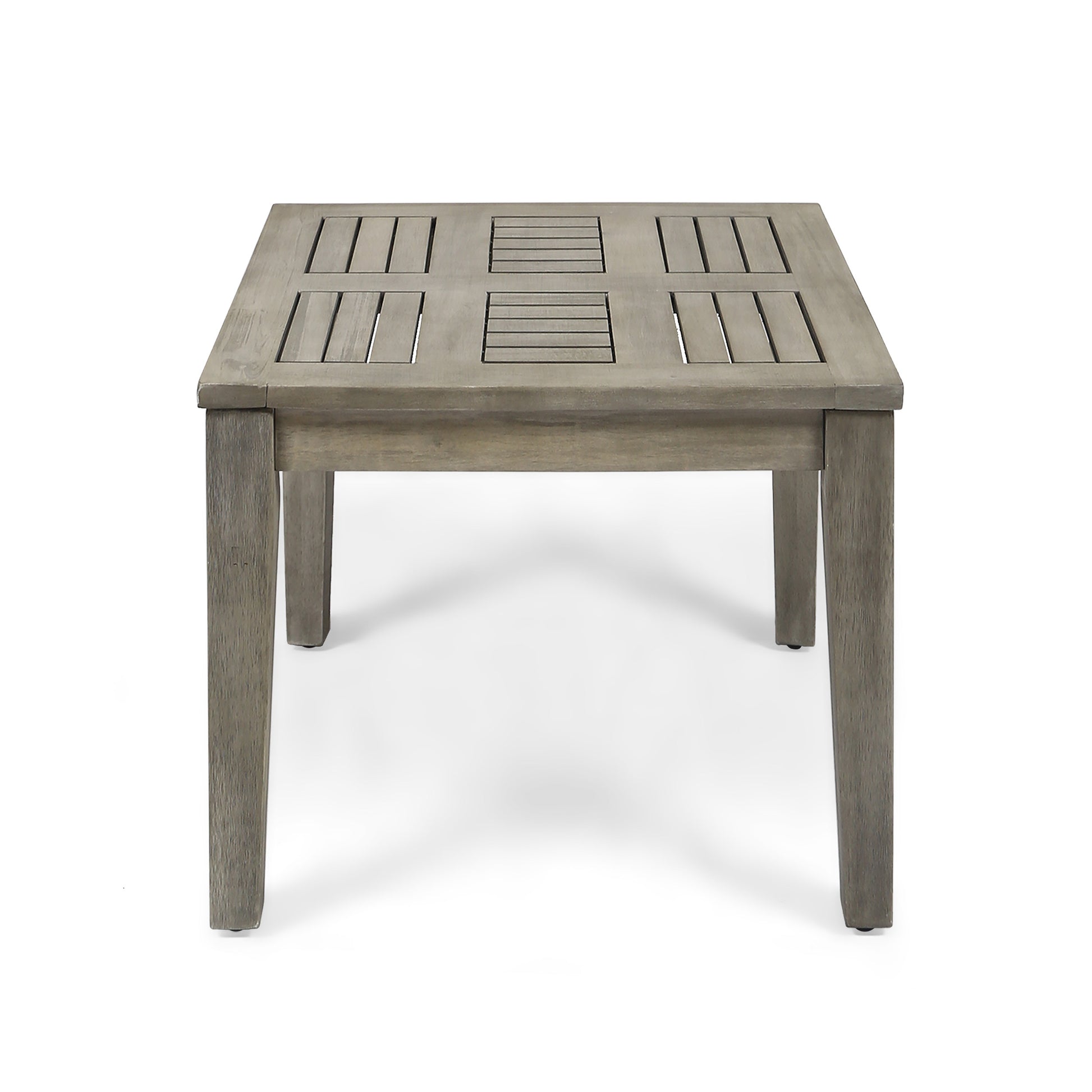 Gray slatted wood patio dining table with modern design
