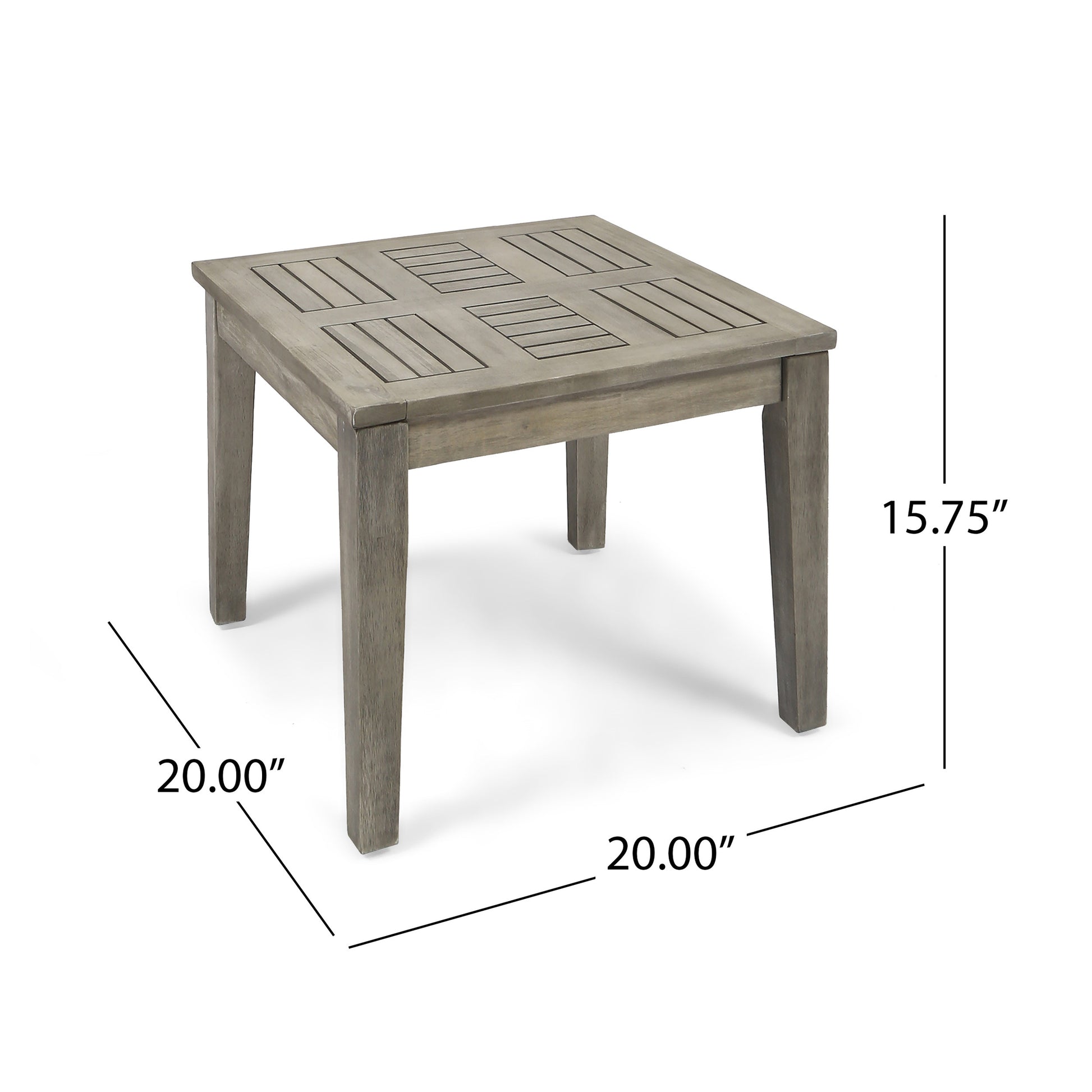 Gray washed wood square patio side table with slatted top