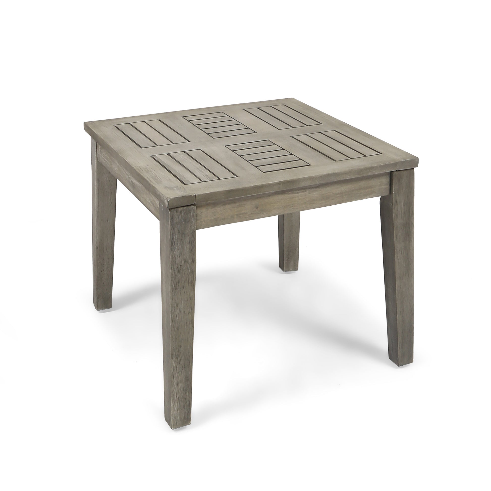 Rustic grey wood outdoor side table with slatted top and square legs