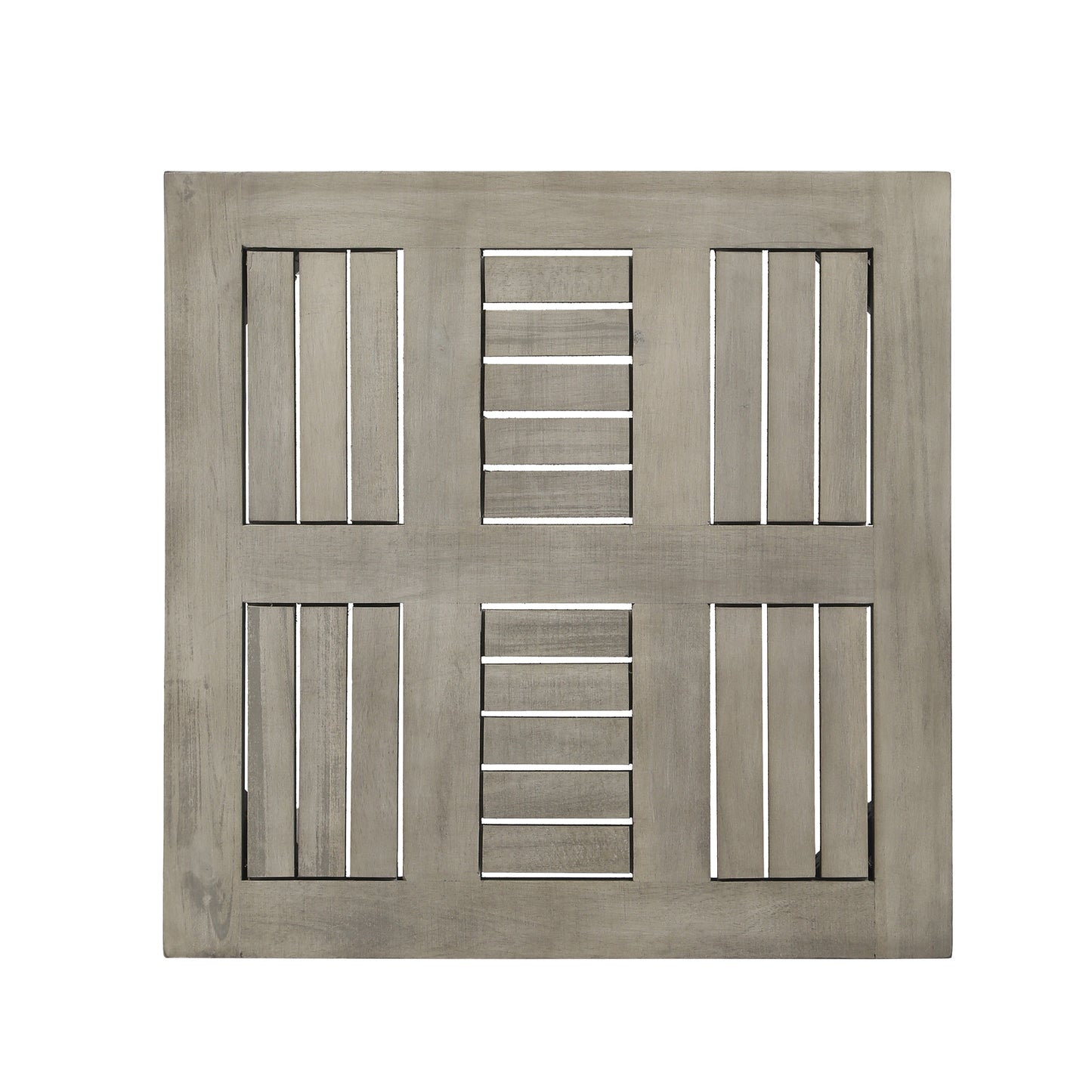 Weathered grey wood side table top with slatted panel design