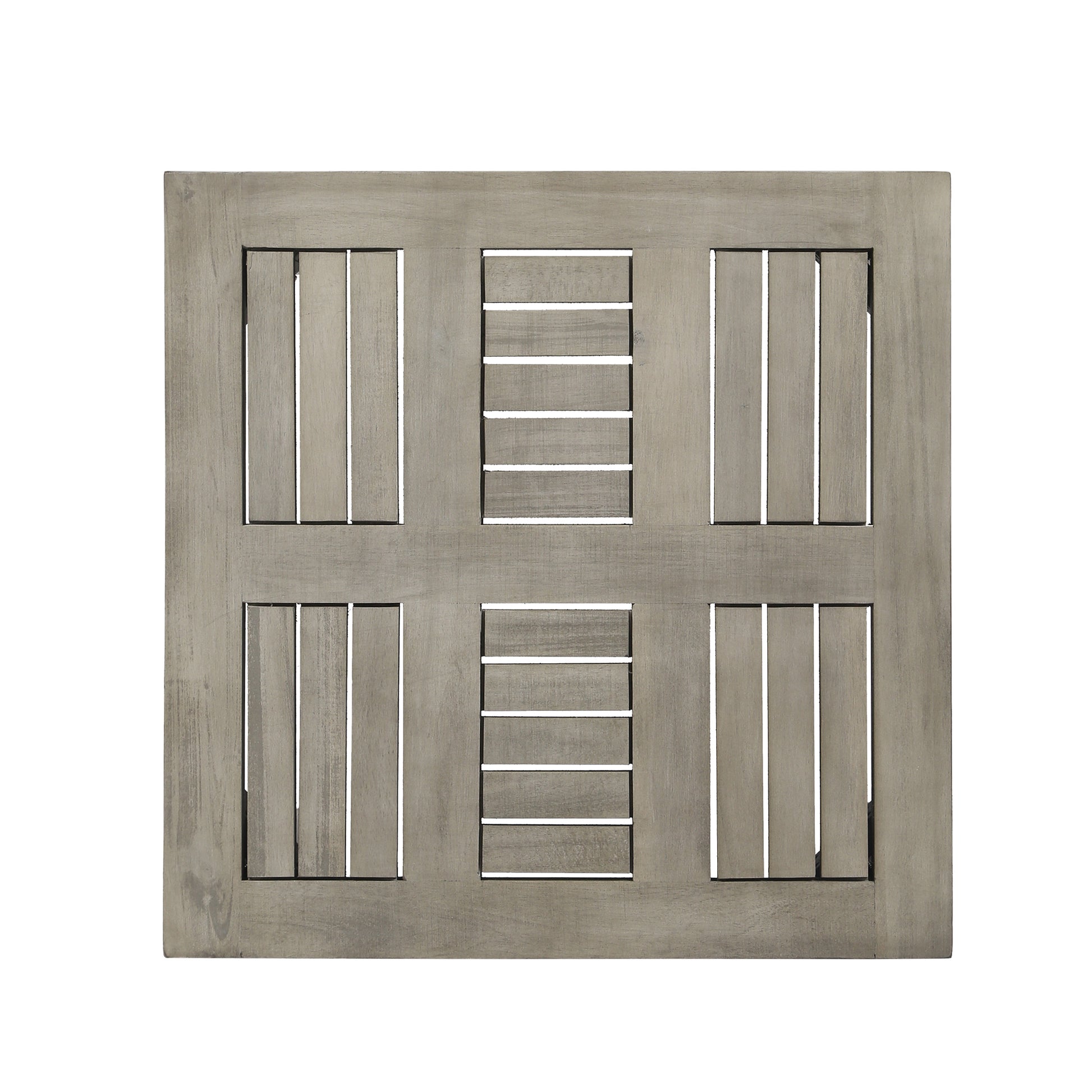 Weathered grey wood side table top with slatted panel design