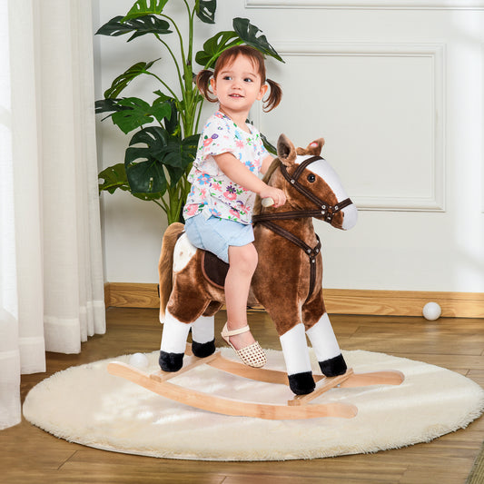 Brown plush rocking horse with white accents and leatherette bridle featuring a young girl riding