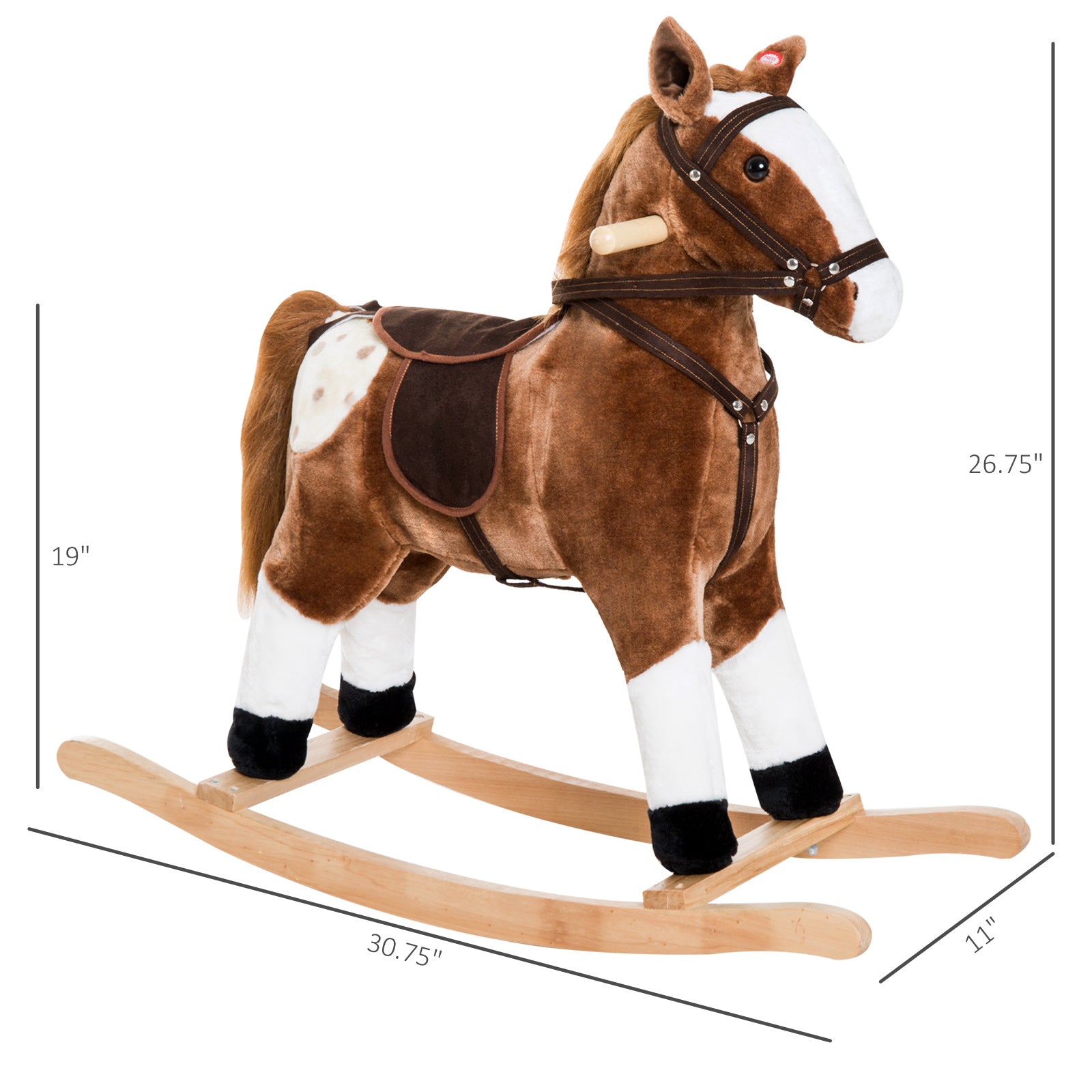 Plush brown rocking horse with white blaze and spots leather reins and saddle