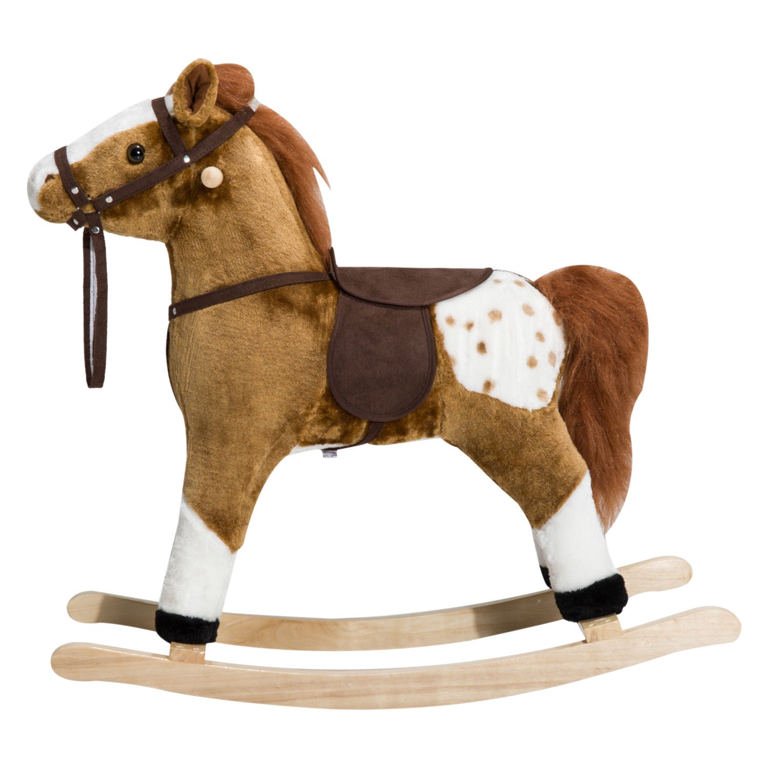 Plush brown spotted rocking horse toy with wooden base